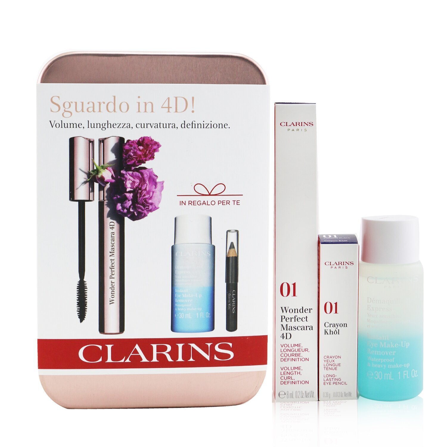 Clarins Wonder Perfect Тушь для Ресниц 4D Набор: Тушь для Ресниц 8мл + Средство для Мгновенного Снятия Макияжа с Глаз 30мл + Мини Карандаш для Глаз 3pcs