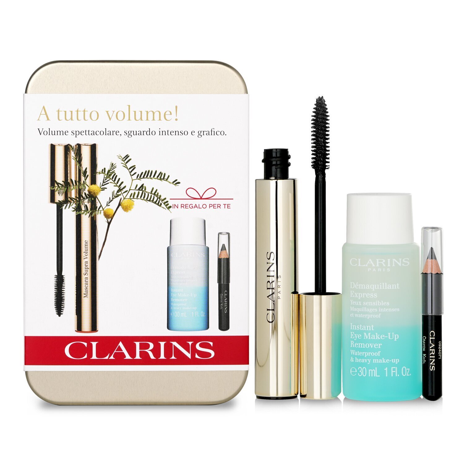 Clarins Mascara Supra Volume Set: Mascara 8ml + Instant Eye Make Up Remover 30ml + Mini Crayon Khol 3pcs