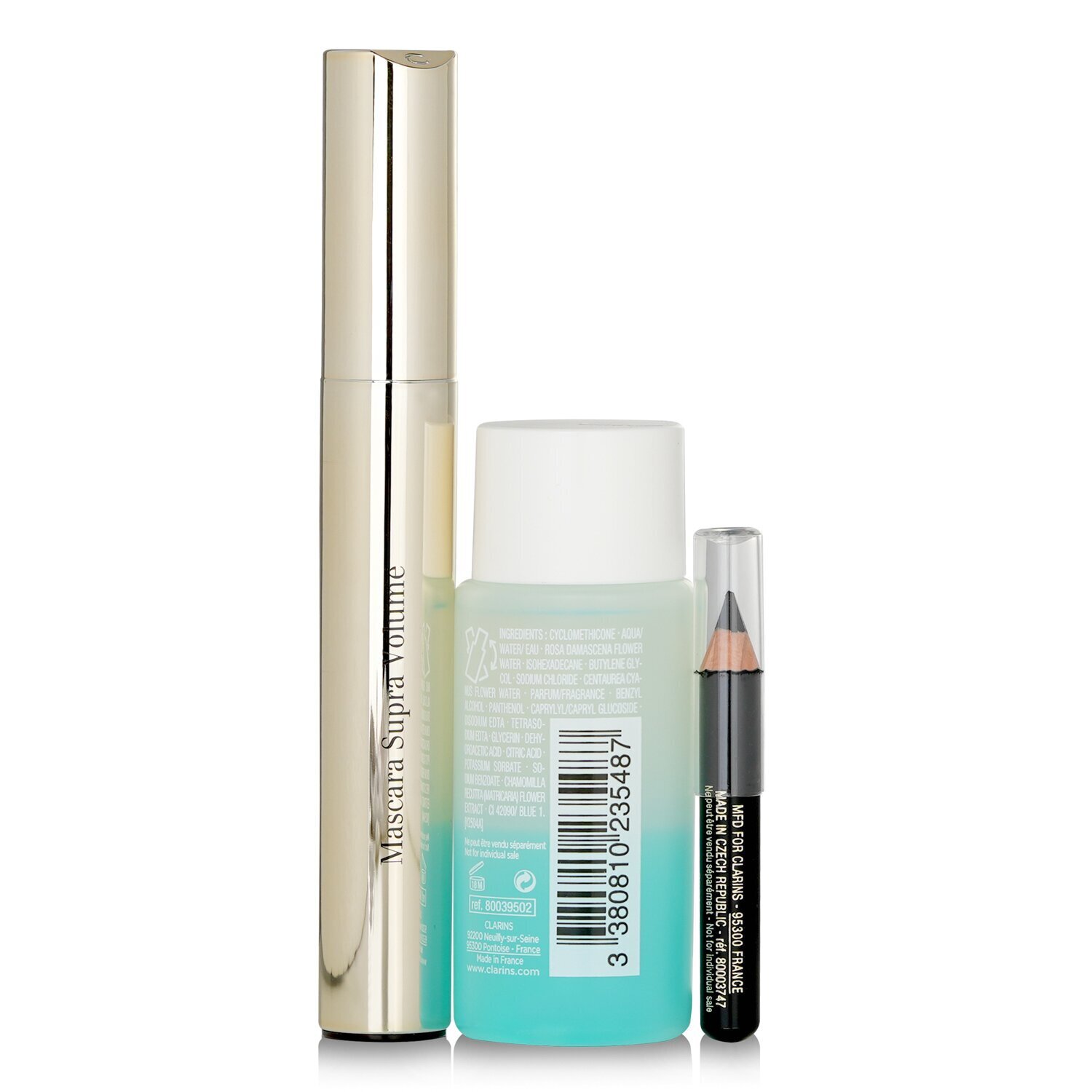 Clarins Mascara Supra Volume Set: Mascara 8ml + Instant Eye Make Up Remover 30ml + Mini Crayon Khol 3pcs