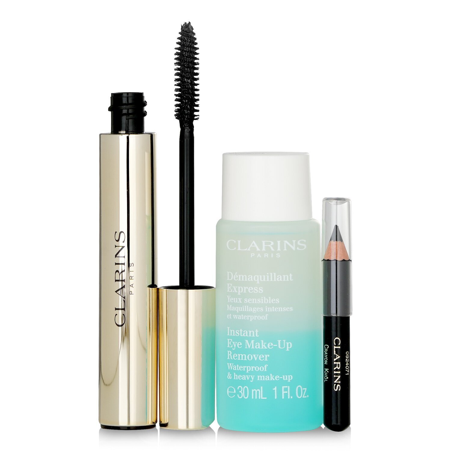 Clarins Mascara Supra Volume Set: Mascara 8ml + Instant Eye Make Up Remover 30ml + Mini Crayon Khol 3pcs