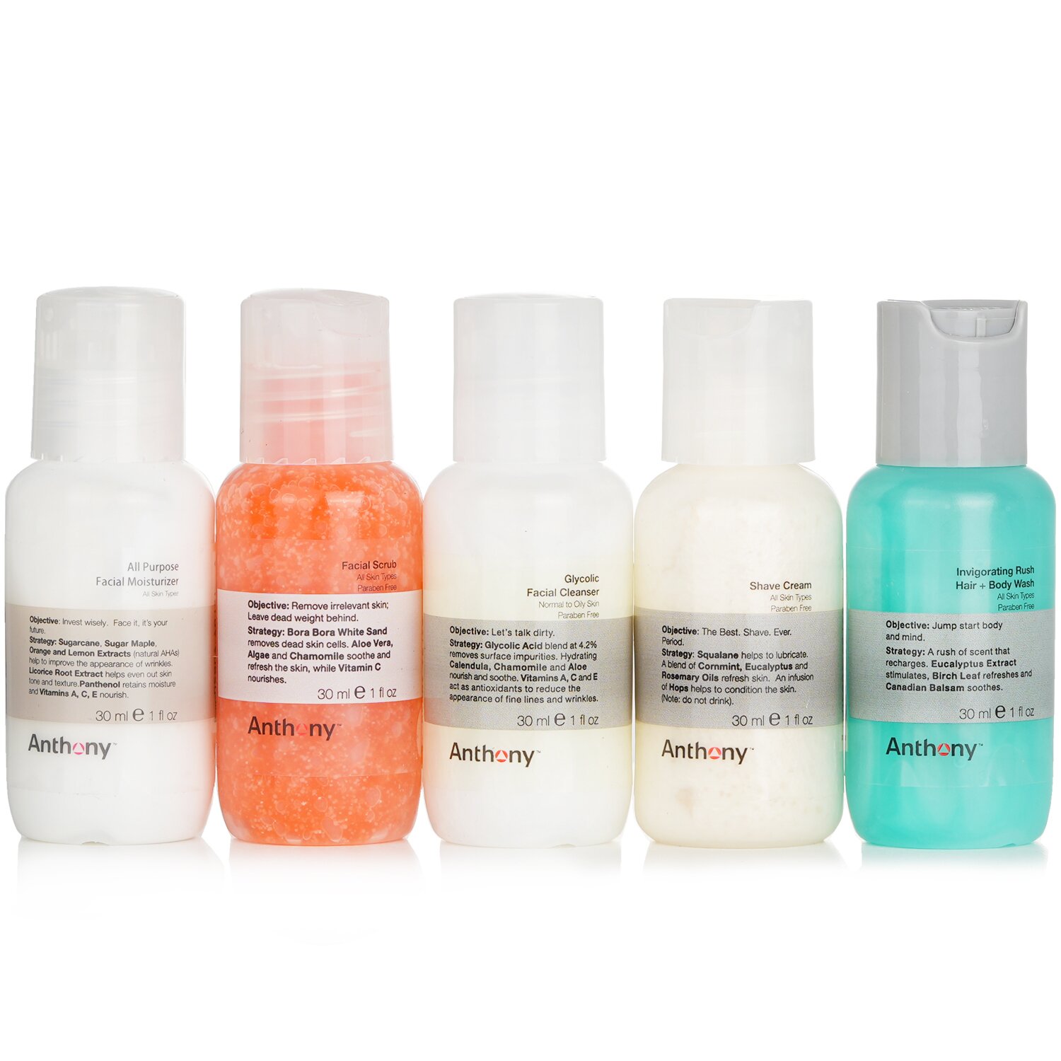 Anthony Starter Kit 5-Pieces Kit (For All Skin Types): Cleanser 30ml + Scrub 30ml + Moisturizer 30ml + Hair & Body Wash 30ml + Shave Cream 30ml 5x30ml/1oz