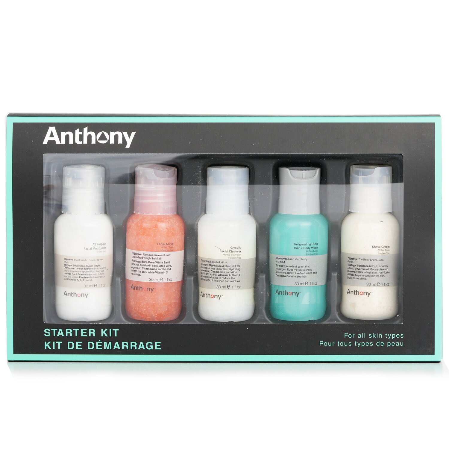 Anthony Starter Kit 5-Pieces Kit (For All Skin Types): Cleanser 30ml + Scrub 30ml + Moisturizer 30ml + Hair & Body Wash 30ml + Shave Cream 30ml 5x30ml/1oz