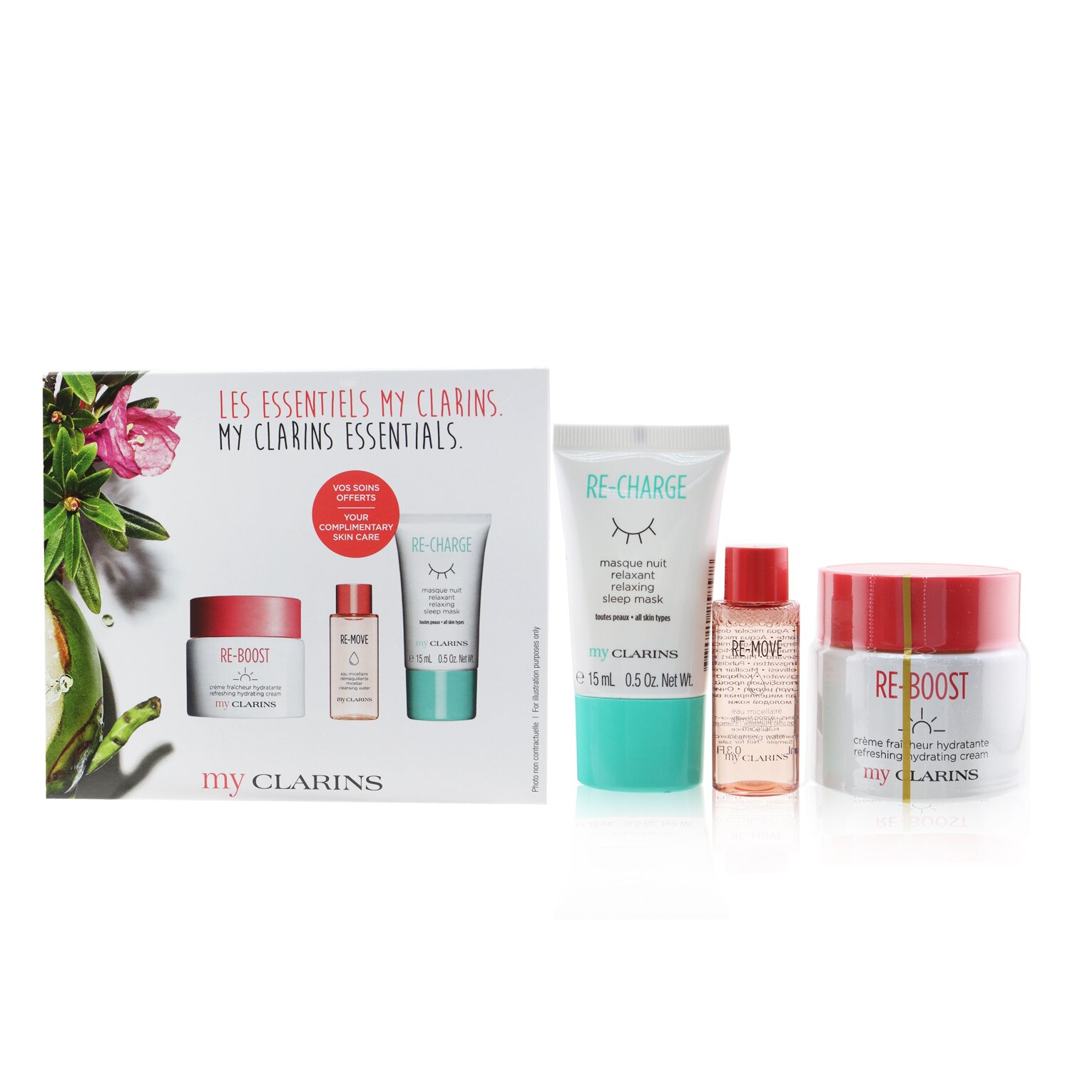Clarins My Clarins Essentials Set: Re-Boost Hydrating Cream 50ml+ Re-Move Cleansing Water 10ml+ Re-Charge Sleep Mask 15ml 3pcs