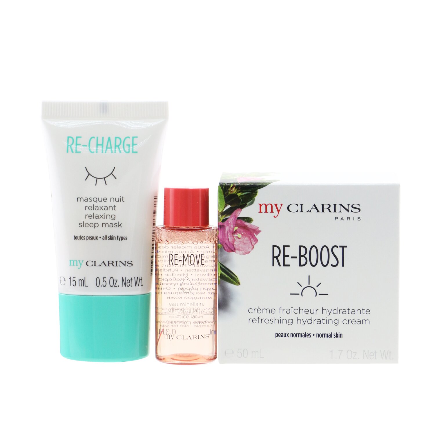 Clarins My Clarins Essentials Set: Re-Boost Hydrating Cream 50ml+ Re-Move Cleansing Water 10ml+ Re-Charge Sleep Mask 15ml 3pcs
