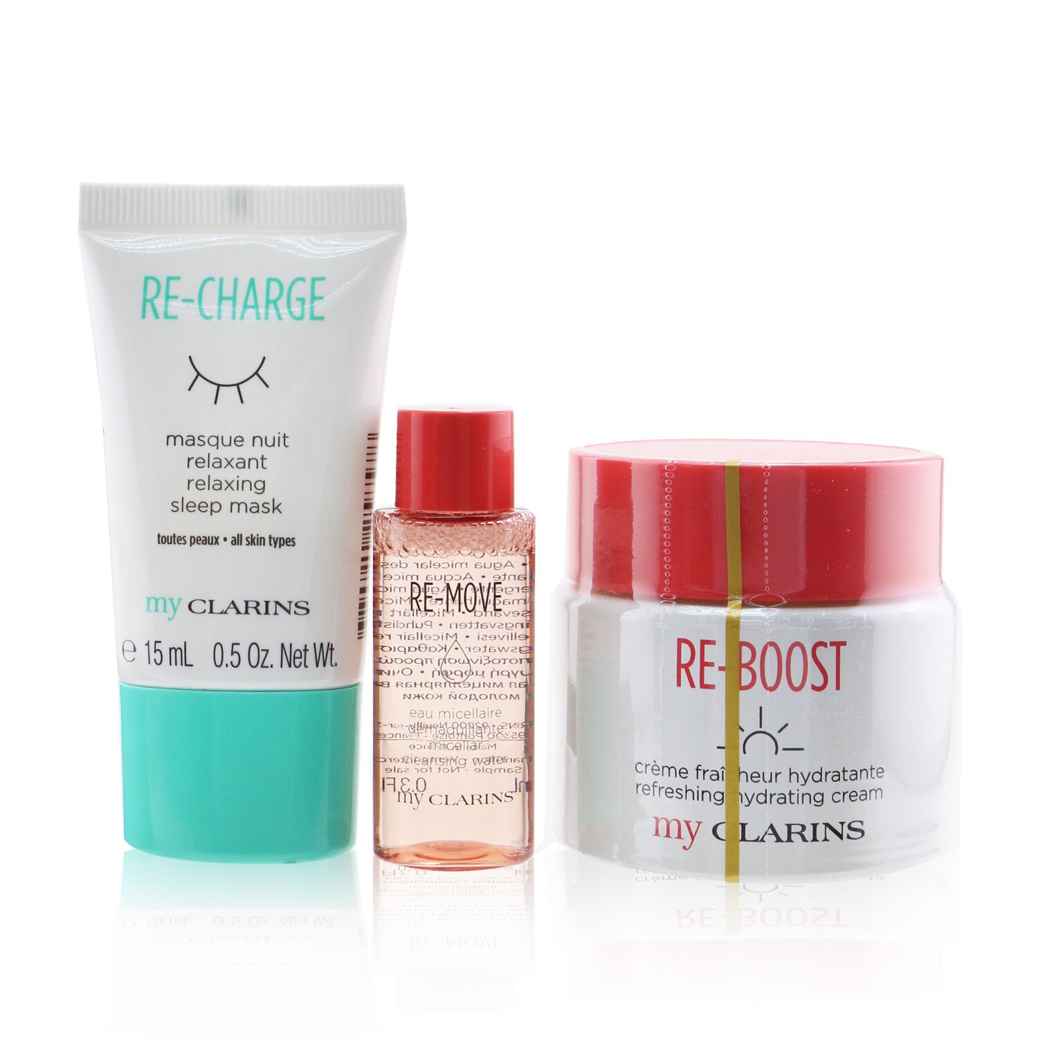 Clarins My Clarins Essentials Set: Re-Boost Hydrating Cream 50ml+ Re-Move Cleansing Water 10ml+ Re-Charge Sleep Mask 15ml 3pcs