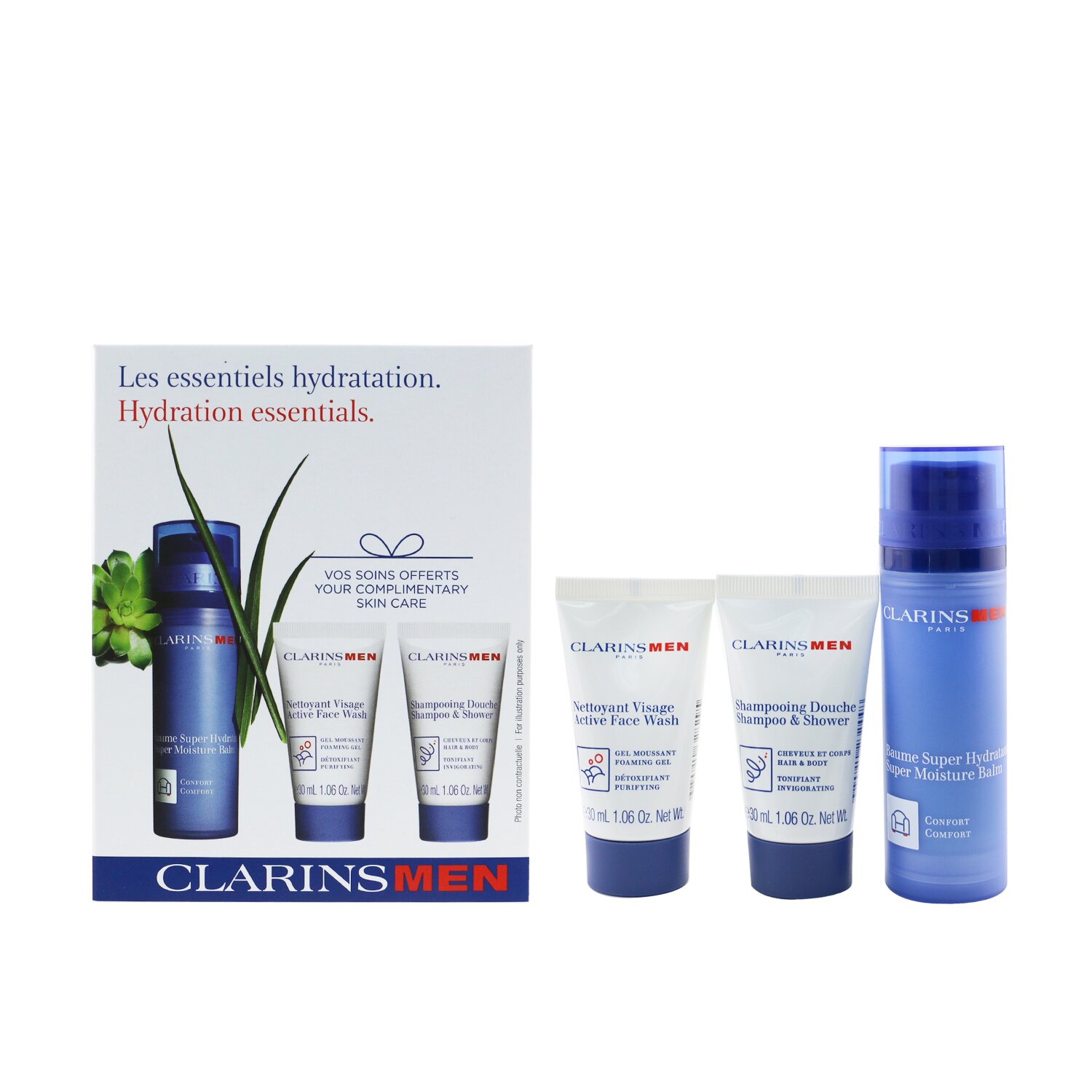 Clarins Men Hydration Essentials Set: Super Moisture Balm 50ml + Active Face Wash 30ml + Shampoo & Shower 30ml 3pcs