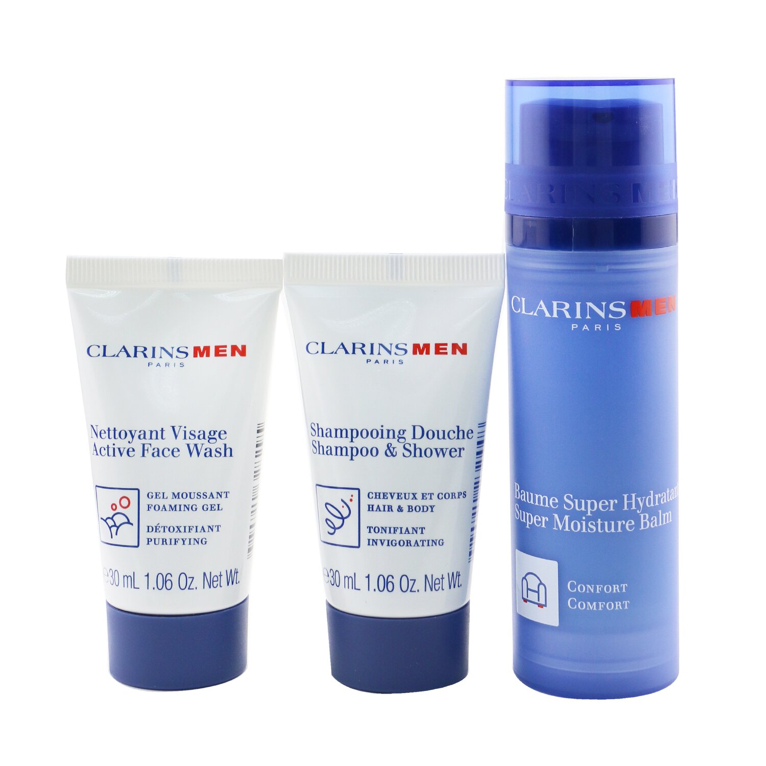 Clarins Men Hydration Essentials Set: Super Moisture Balm 50ml + Active Face Wash 30ml + Shampoo & Shower 30ml 3pcs