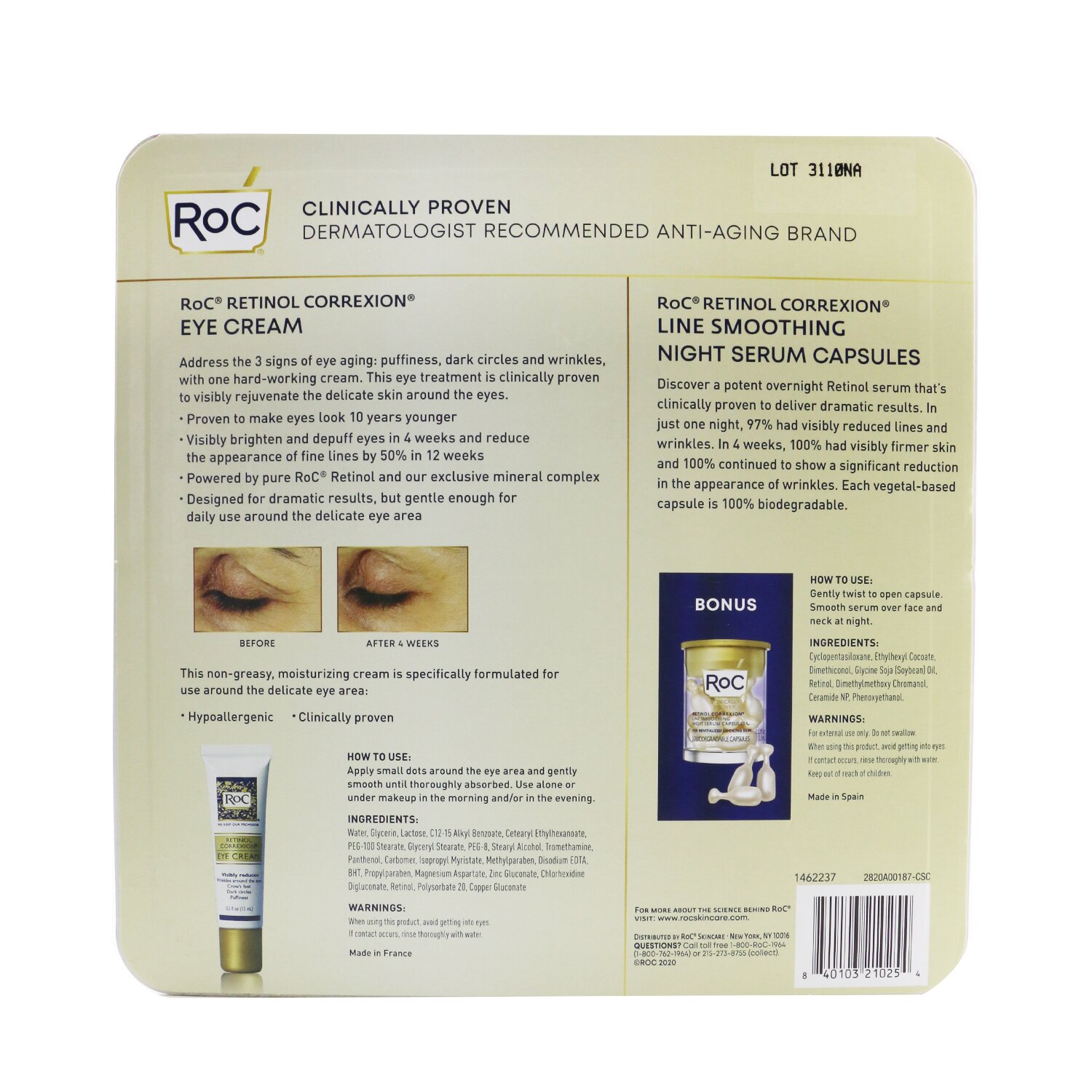 ROC Retinol Correxion Eye Cream Duo Set: 2x Eye Cream 15ml + Line Smoothing Night Serum 10capsules 3pcs