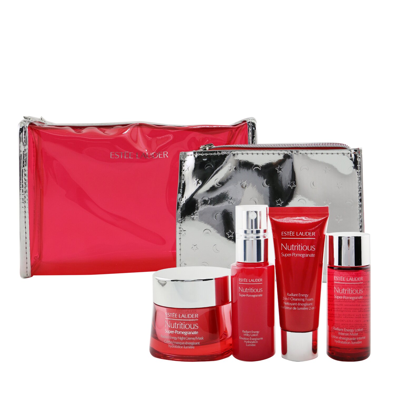 Estee Lauder Nutritious Super-Pomegranate Nourish All Night Set: Night Creme+ Milky Lotion+ Lotion Intense Moist+ Cleansing Form..(Box Slightly Damaged) 4pcs+2bags
