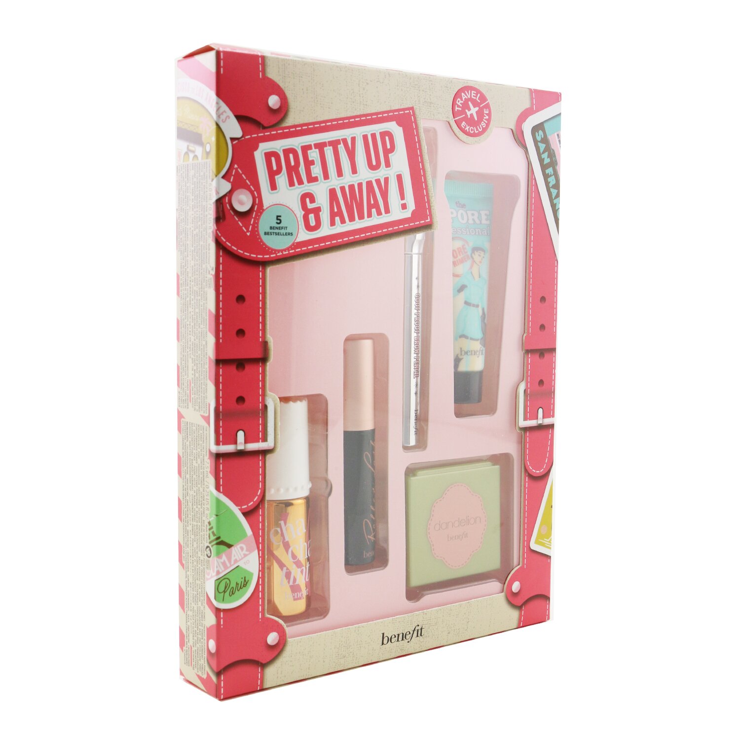 Benefit Pretty Up & Away Set (Primer + Powder + Cheek & Lip Stain + Brow Pencil + Mascara) 5pcs