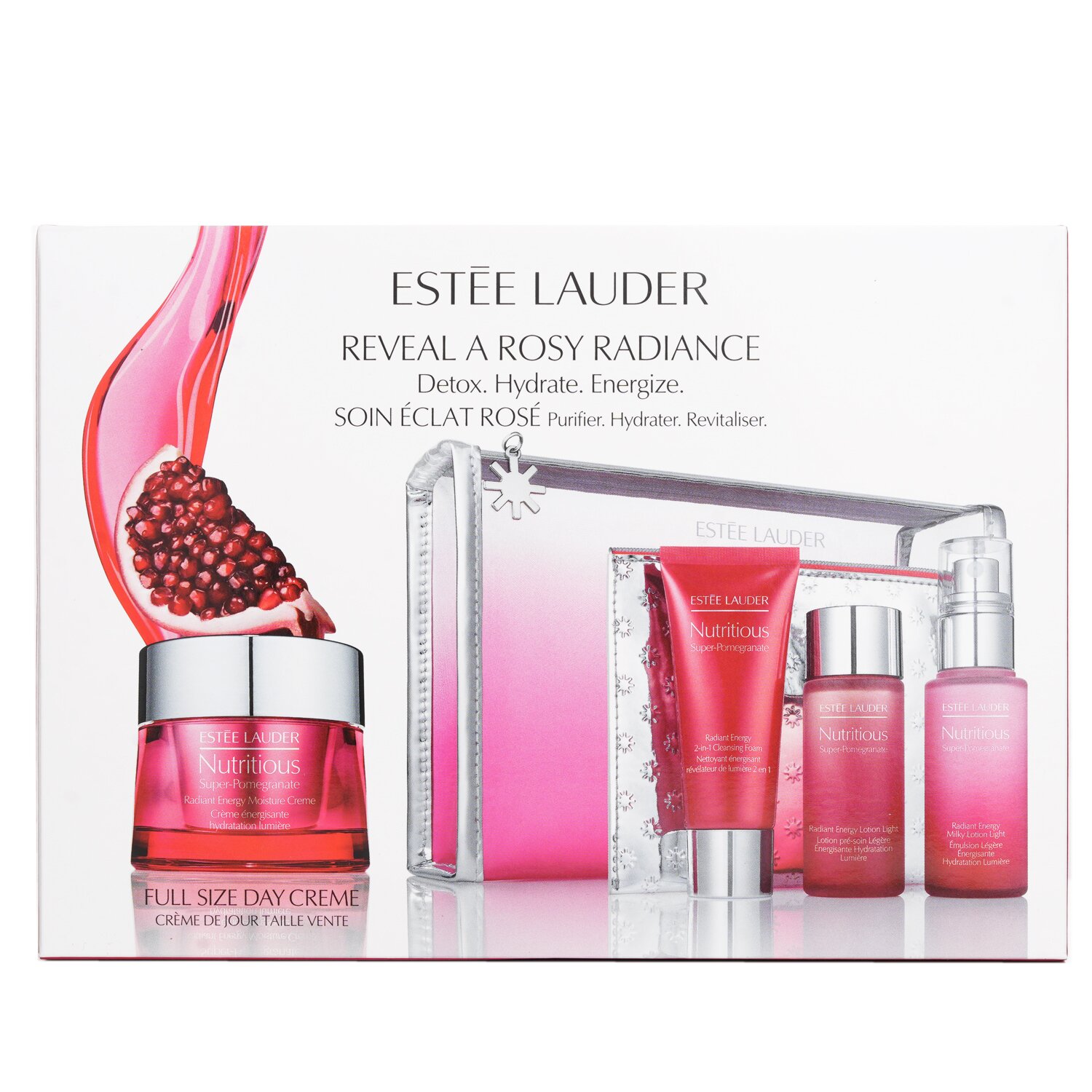 Estee Lauder Nutritious Super-Pomegranate Reveal A Rosy Radiance Набор: Увлажняющий Крем + Легкий Молочный Лосьон + Лосьон + Очищающая Пенка... 4pcs+2bags