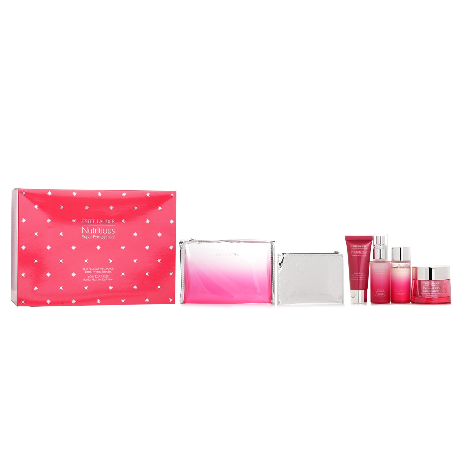 Estee Lauder Nutritious Super-Pomegranate Reveal A Rosy Radiance Набор: Увлажняющий Крем + Легкий Молочный Лосьон + Лосьон + Очищающая Пенка... 4pcs+2bags
