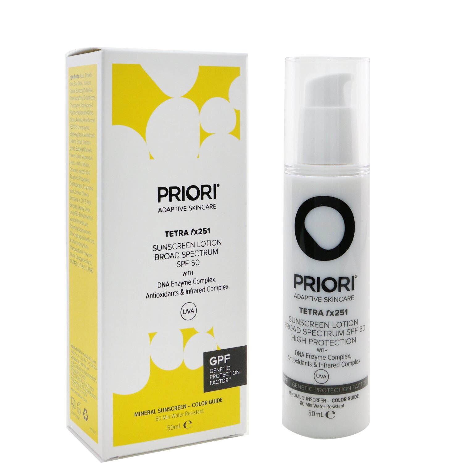 Priori TETRA fx251 Sunscreen Lotion Broad Spectrum SPF 50 (Color Guide & 80 Min Water Resistant) 50ml/1.69oz