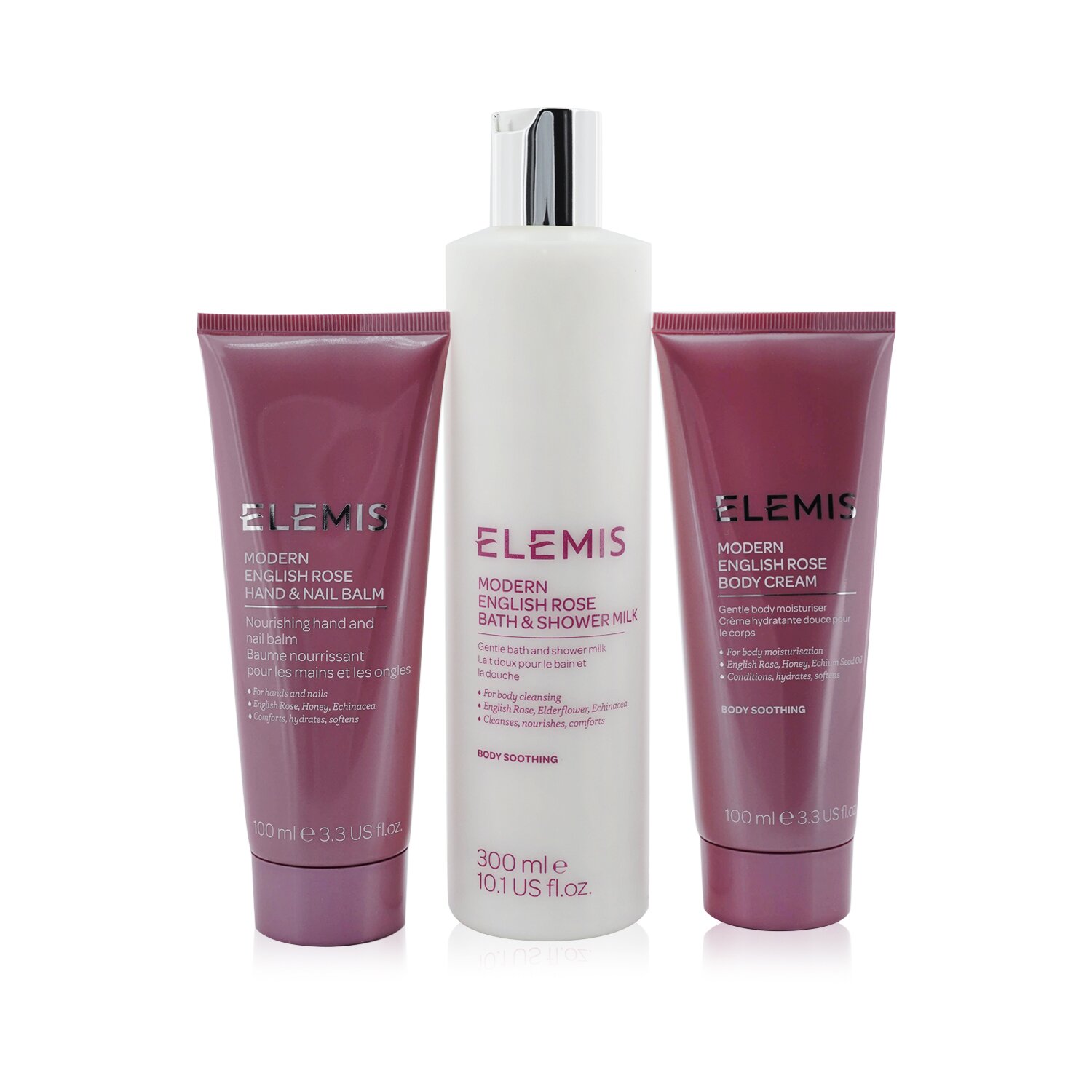 Elemis English Rose-Infused Body Trio Set: Bath & Shower Milk 300ml+ Hand & Nail Balm 100ml+ Body Cream 100ml 3pcs