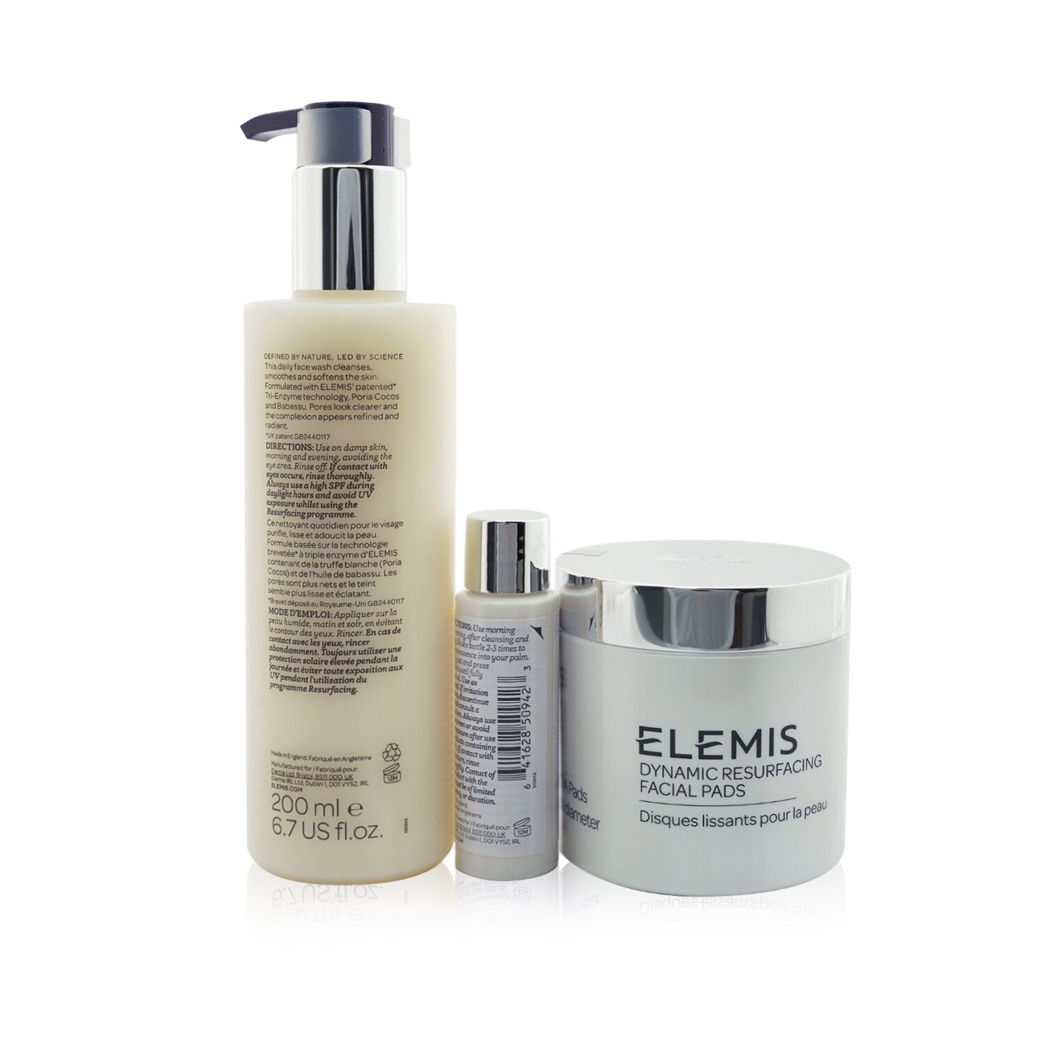 Elemis Set Skin Resurfacing Trio: Almohadillas Faciales 60pads + Jabón Facial 200ml + Esencia Suavizante de Piel 28ml 3pcs