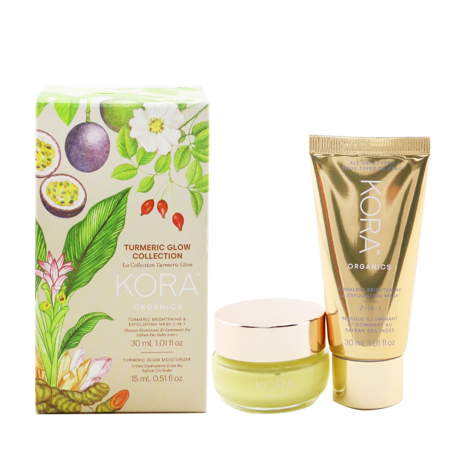 Kora Organics Turmeric Glow Collection: Turmeric Brightening & Exfoliating Mask 30ml + Turmeric Glow Moisturizer 15ml 2pcs