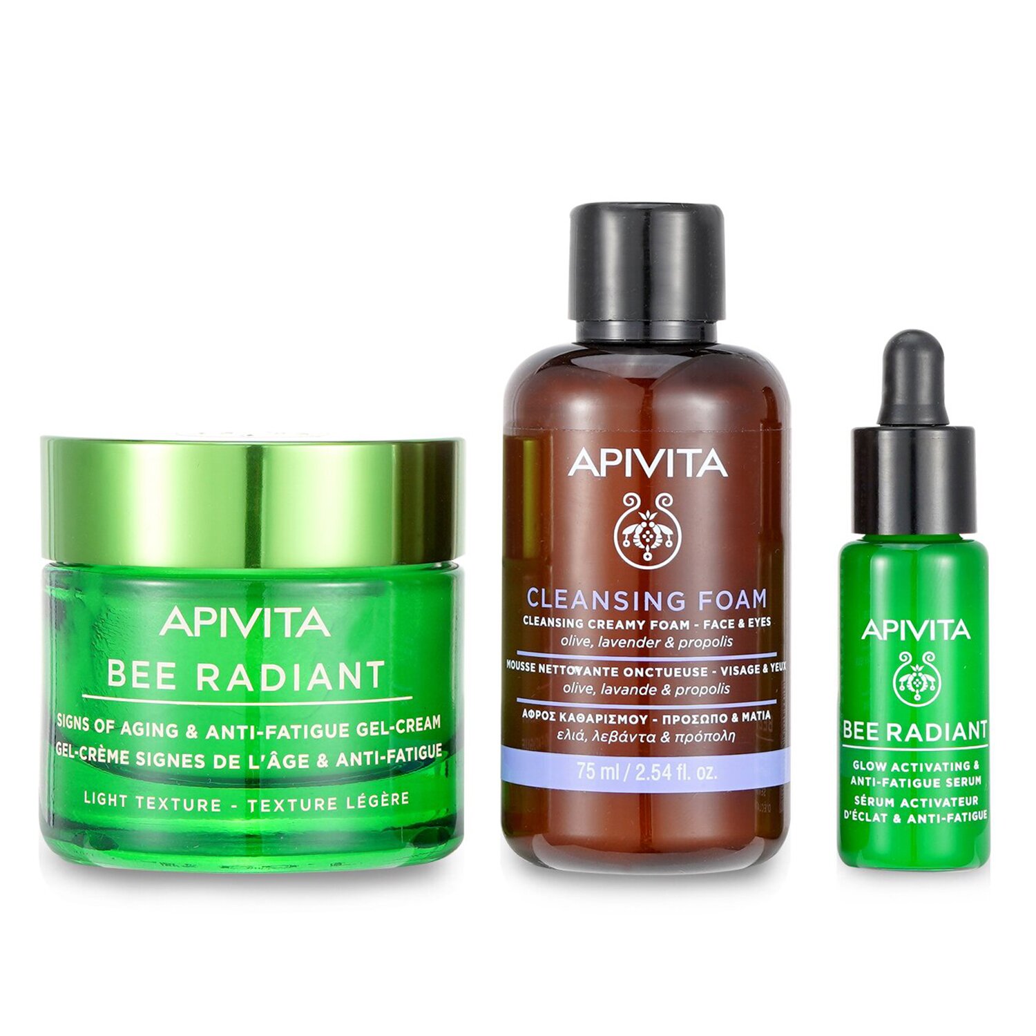 Apivita Fresh & Glow (Bee Radiant- Light Texture) Gift Set: Gel Cream 50ml+ Serum 10ml+ Cleansing Creamy Foam 75ml+ Pouch 3pcs+1pouch