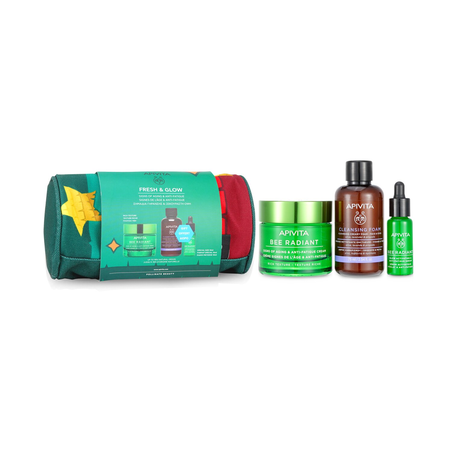 Apivita Fresh & Glow (Bee Radiant- Rich Texture) Gift Set: Cream 50ml+ Serum 10ml+ Cleansing Creamy Foam 75ml+ Pouch 3pcs+1pouch