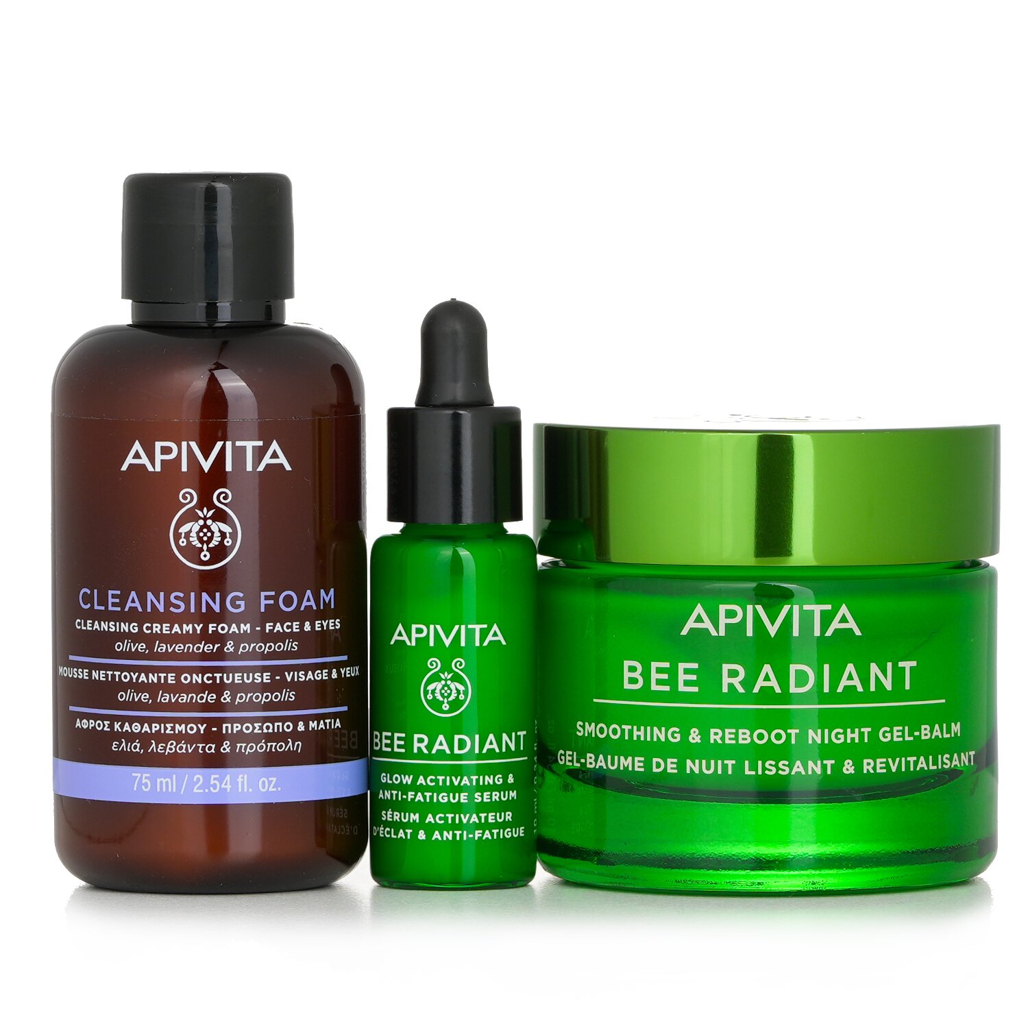 Apivita 艾蜜塔 Fresh & Glow (Bee Radiant- Night) Gift Set: Night Gel-Balm 50ml+ Serum 10ml+ Cleansing Creamy Foam 75ml+ Pouch (Exp. Date: 05/2024) 3pcs+1pouch