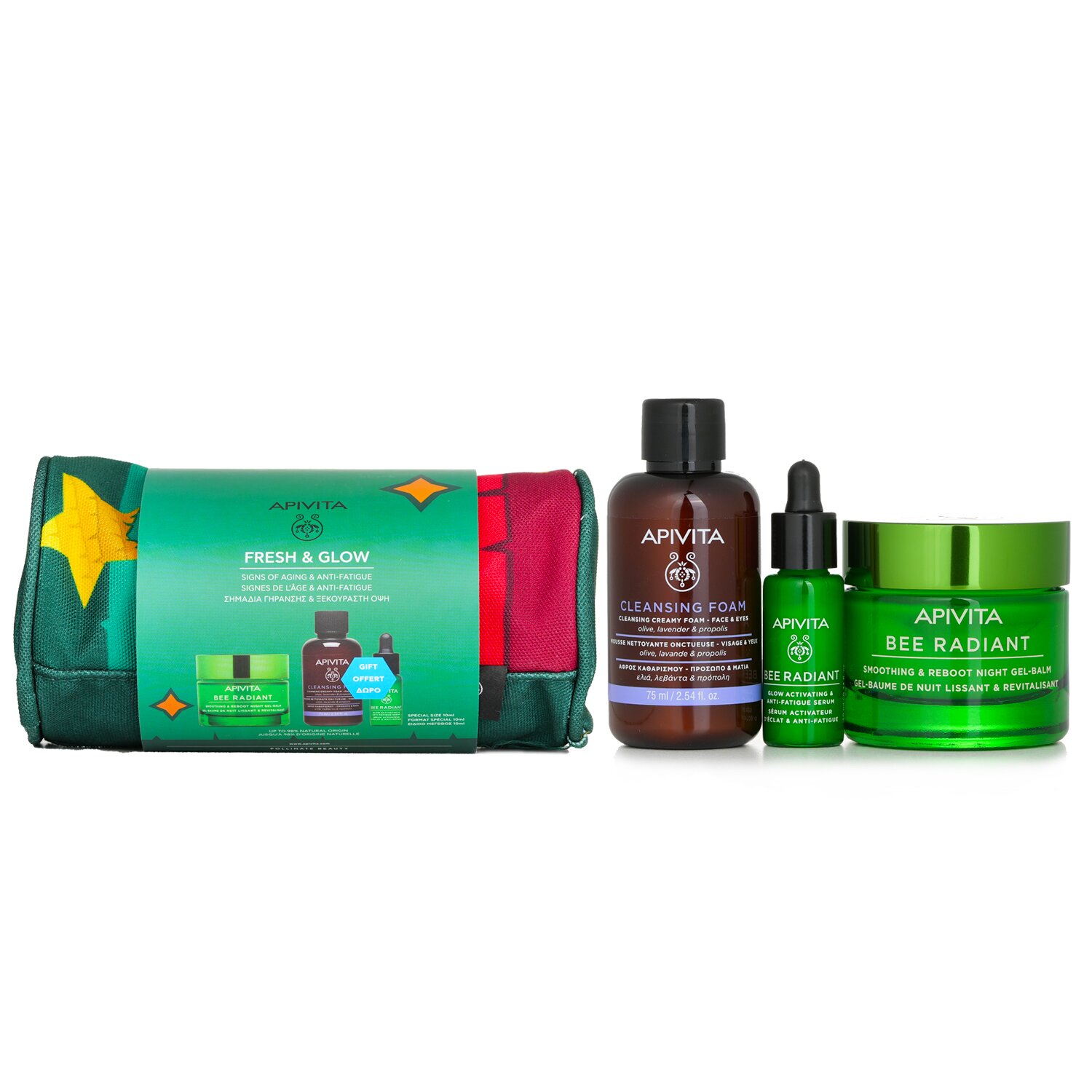Apivita 艾蜜塔 Fresh & Glow (Bee Radiant- Night) Gift Set: Night Gel-Balm 50ml+ Serum 10ml+ Cleansing Creamy Foam 75ml+ Pouch (Exp. Date: 05/2024) 3pcs+1pouch