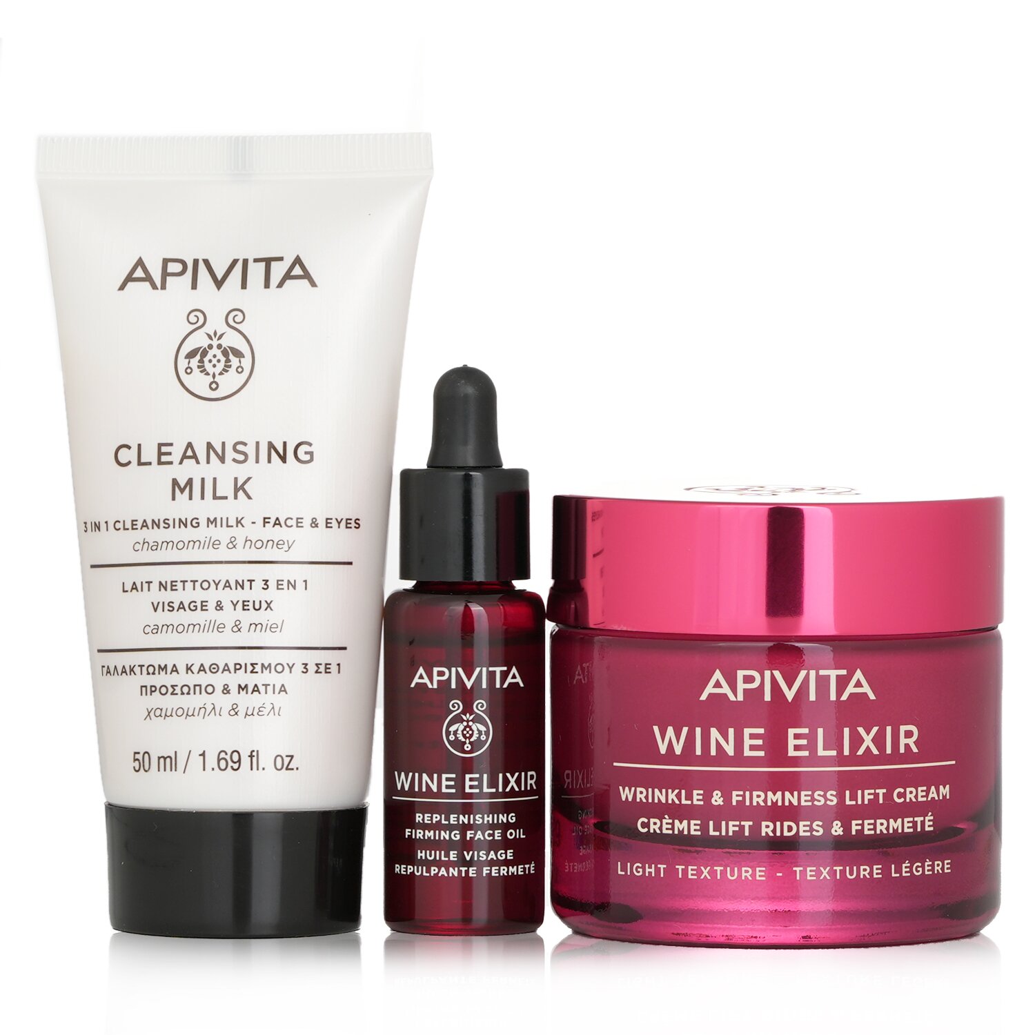 Apivita Di-Vine Beauty (Wine Elixir- Light Texture) Gift Set: Wrinkle Lift Cream 50ml+ Face Oil 10ml+ Cleansing Milk 50ml+Pouch 3pcs+1pouch