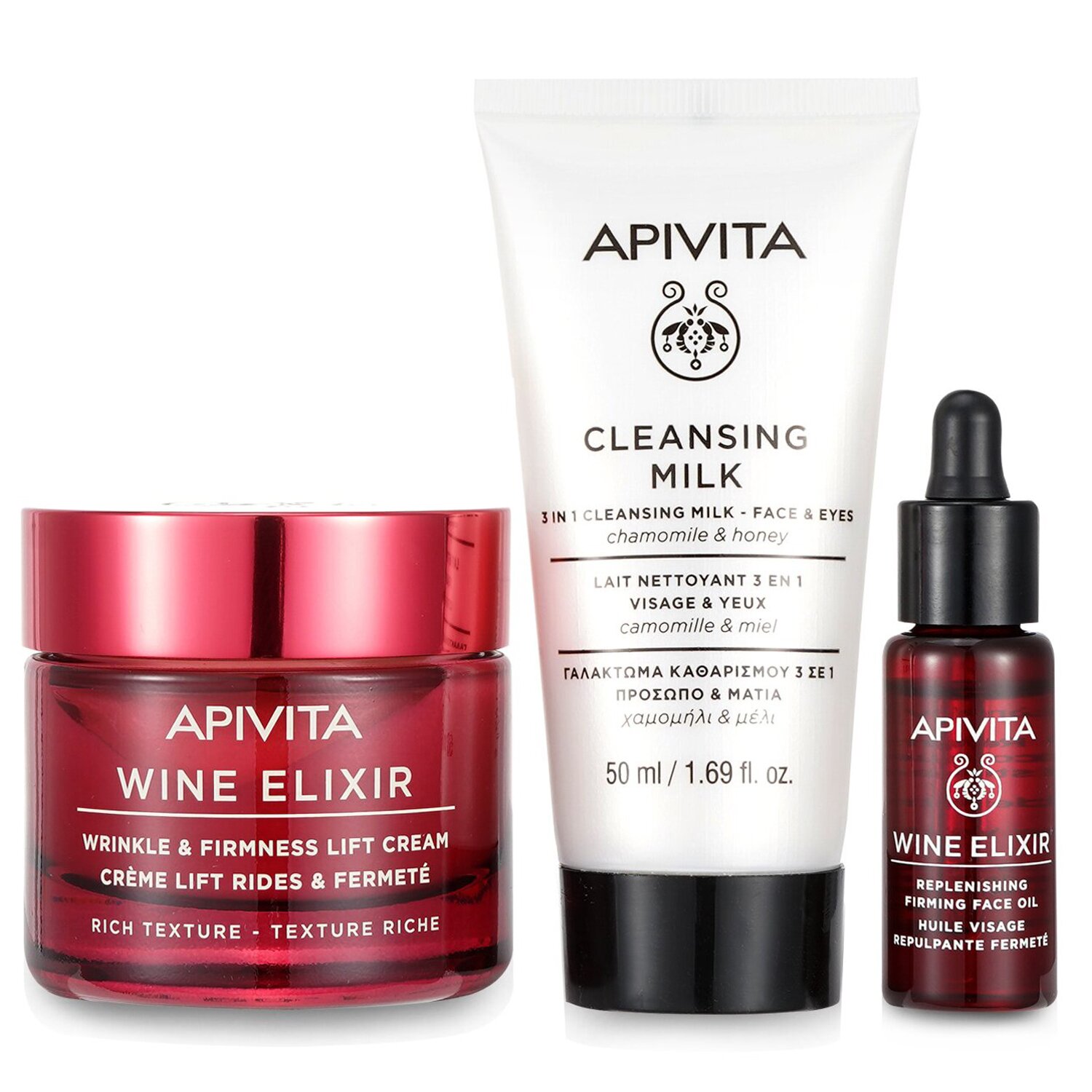 Apivita Di-Vine Beauty (Wine Elixir- Rich Texture) Gift Set: Wrinkle Lift Cream 50ml+ Face Oil 10ml+ Cleansing Milk 50ml+ Pouch (Exp. Date: 05/2024) 3pcs+1pouch