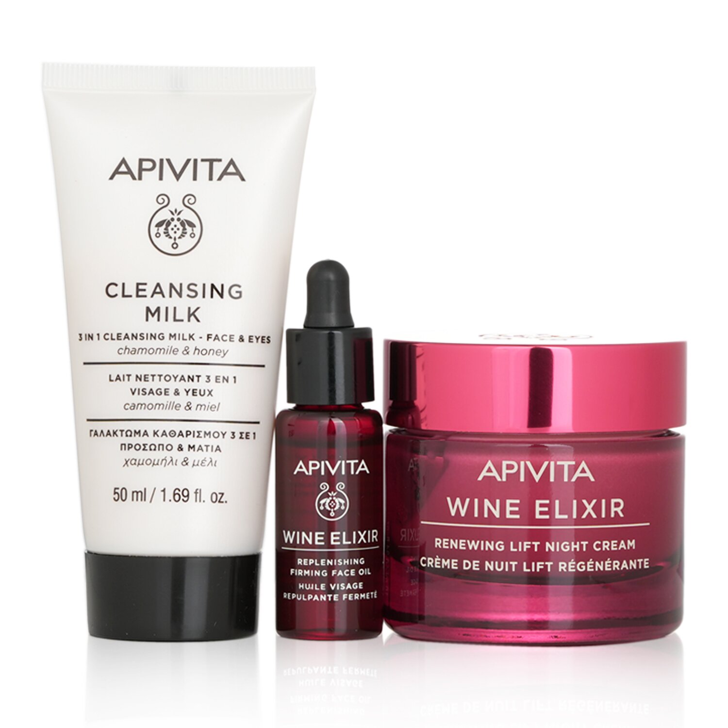 Apivita Di-Vine Beauty (Wine Elixir- Night) Gift Set: Renewing Lift Night Cream 50ml+ Face Oil 10ml+ Cleansing Milk 50ml+ Pouch (Exp. Date: 05/2024) 3pcs+1pouch