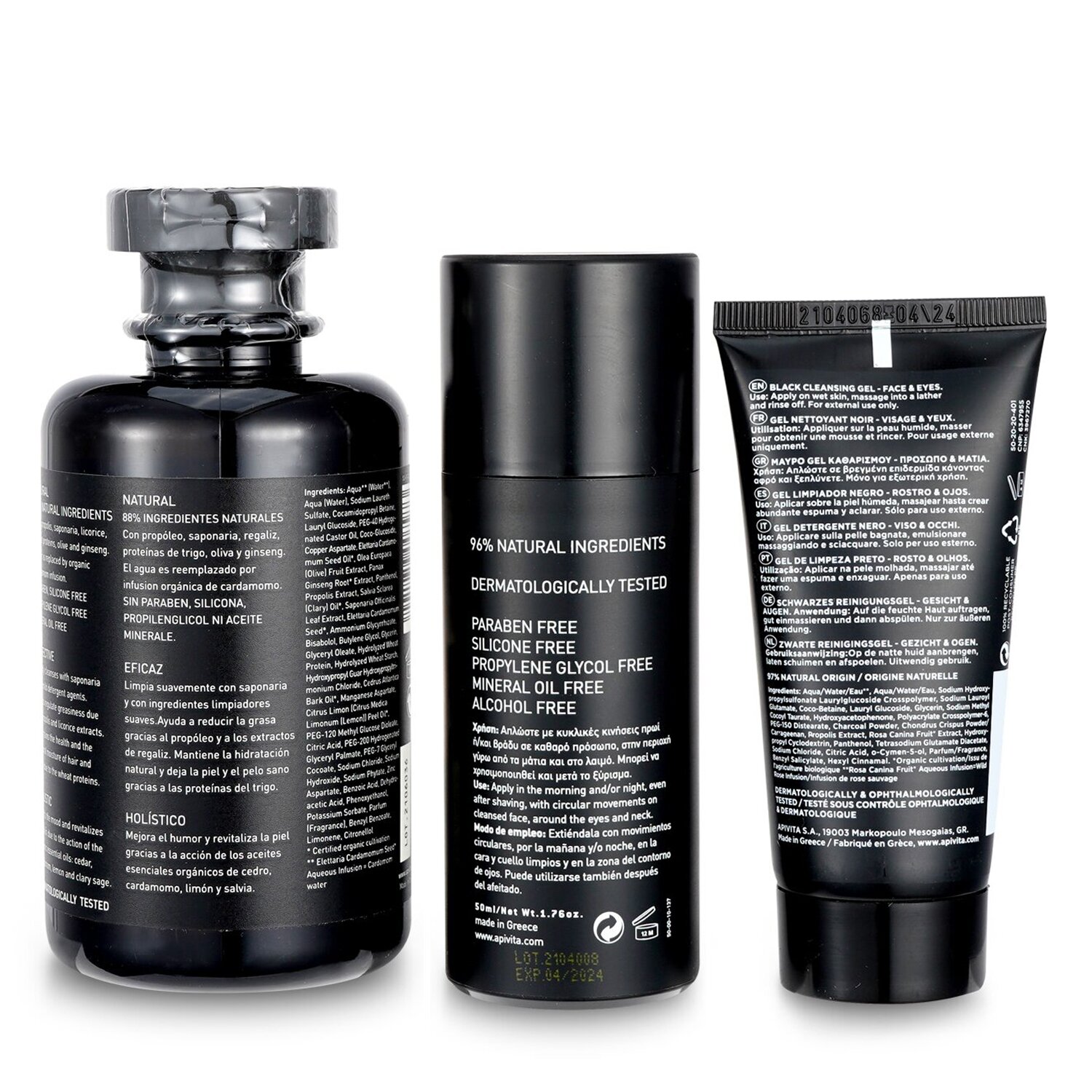 Apivita That's My Man Face & Body Treatment Set: Hair & Body Wash 250ml + Face & Eye Cream 50ml + Black Cleansing Gel 50ml 3pcs