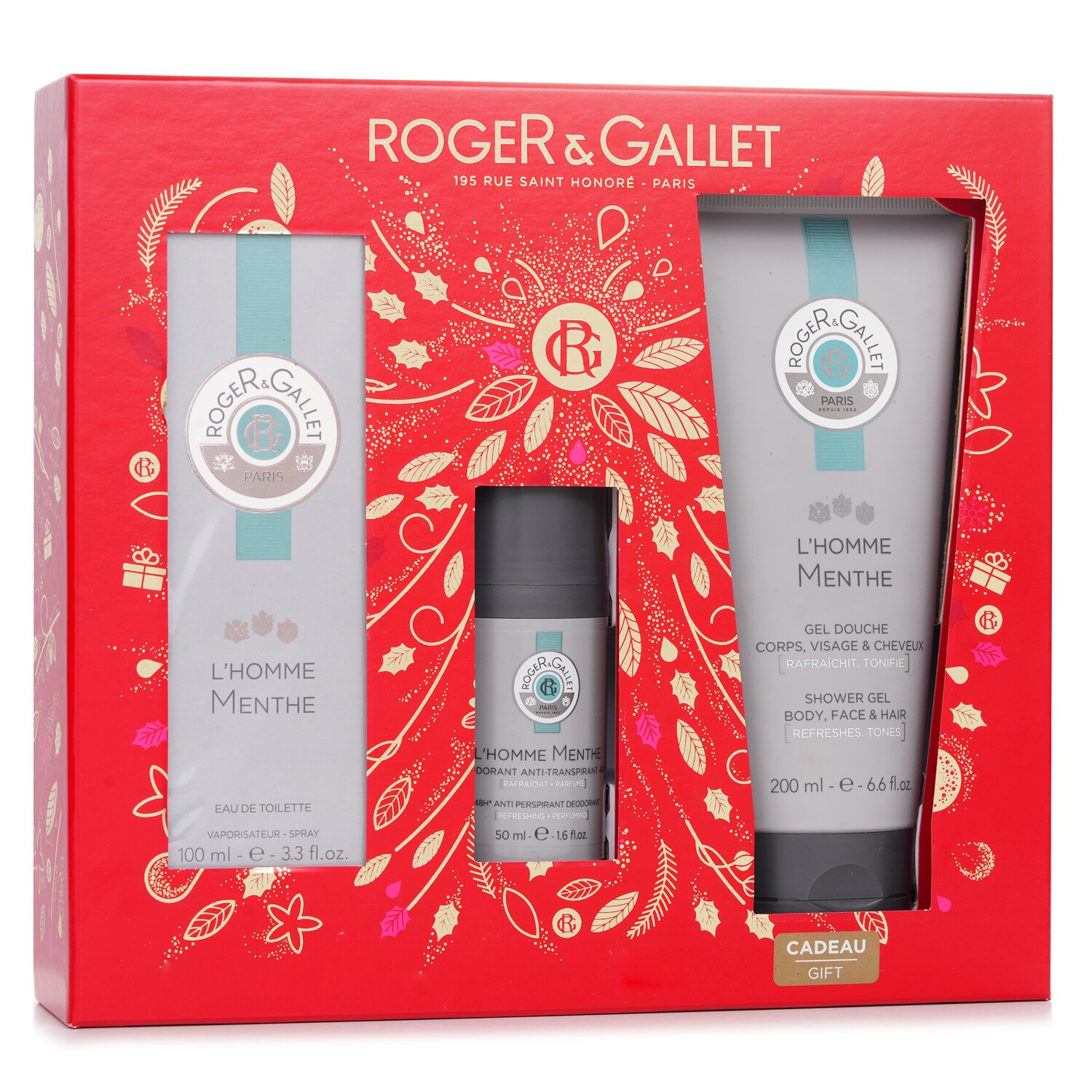 Roger & Gallet L'Homme Menthe Coffret: Eau De Toilette Spray 100ml/3.3oz +Anti-Perspirant Deodorant 50ml/1.6oz+Shower Gel 200ml/6.6oz 3pcs