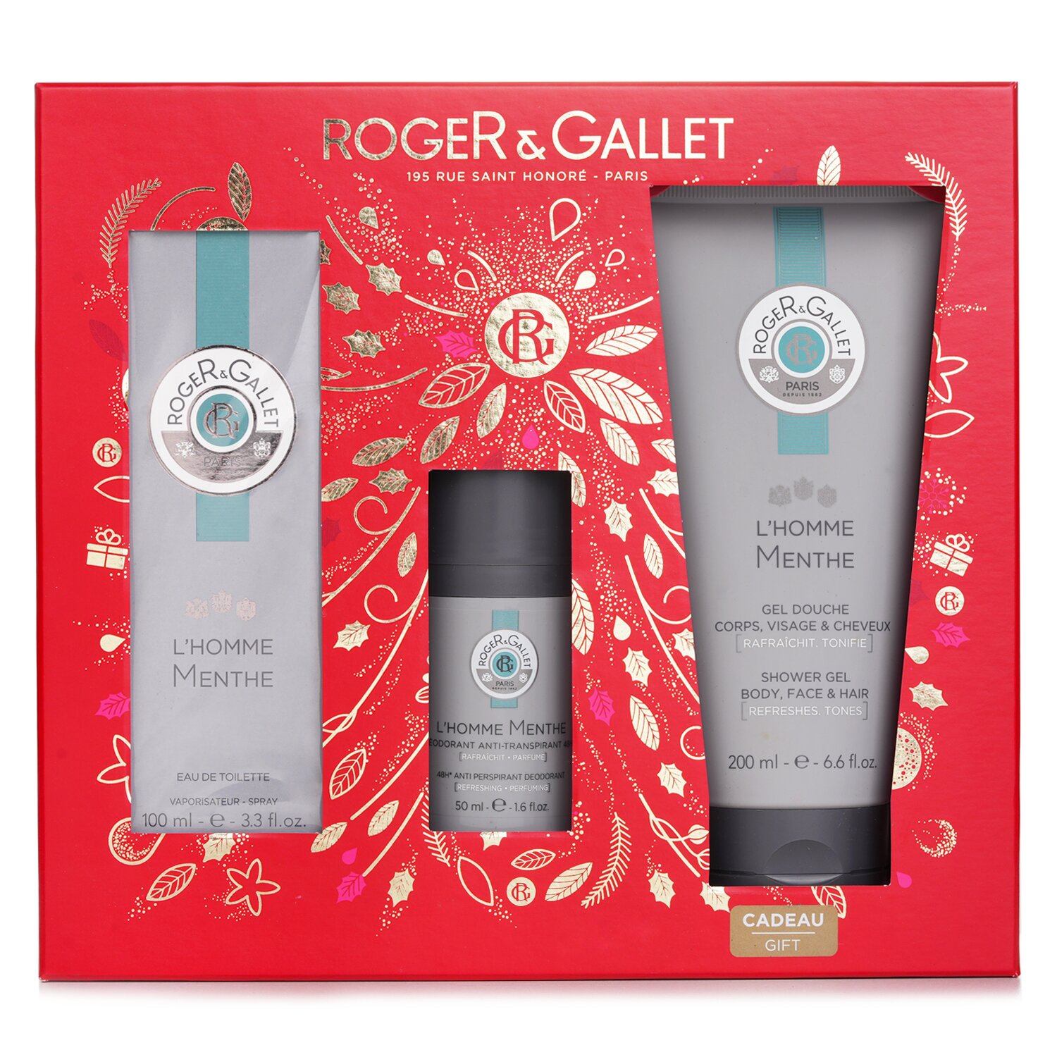 Roger & Gallet L'Homme Menthe Coffret: Eau De Toilette Spray 100ml/3.3oz +Anti-Perspirant Deodorant 50ml/1.6oz+Shower Gel 200ml/6.6oz 3pcs