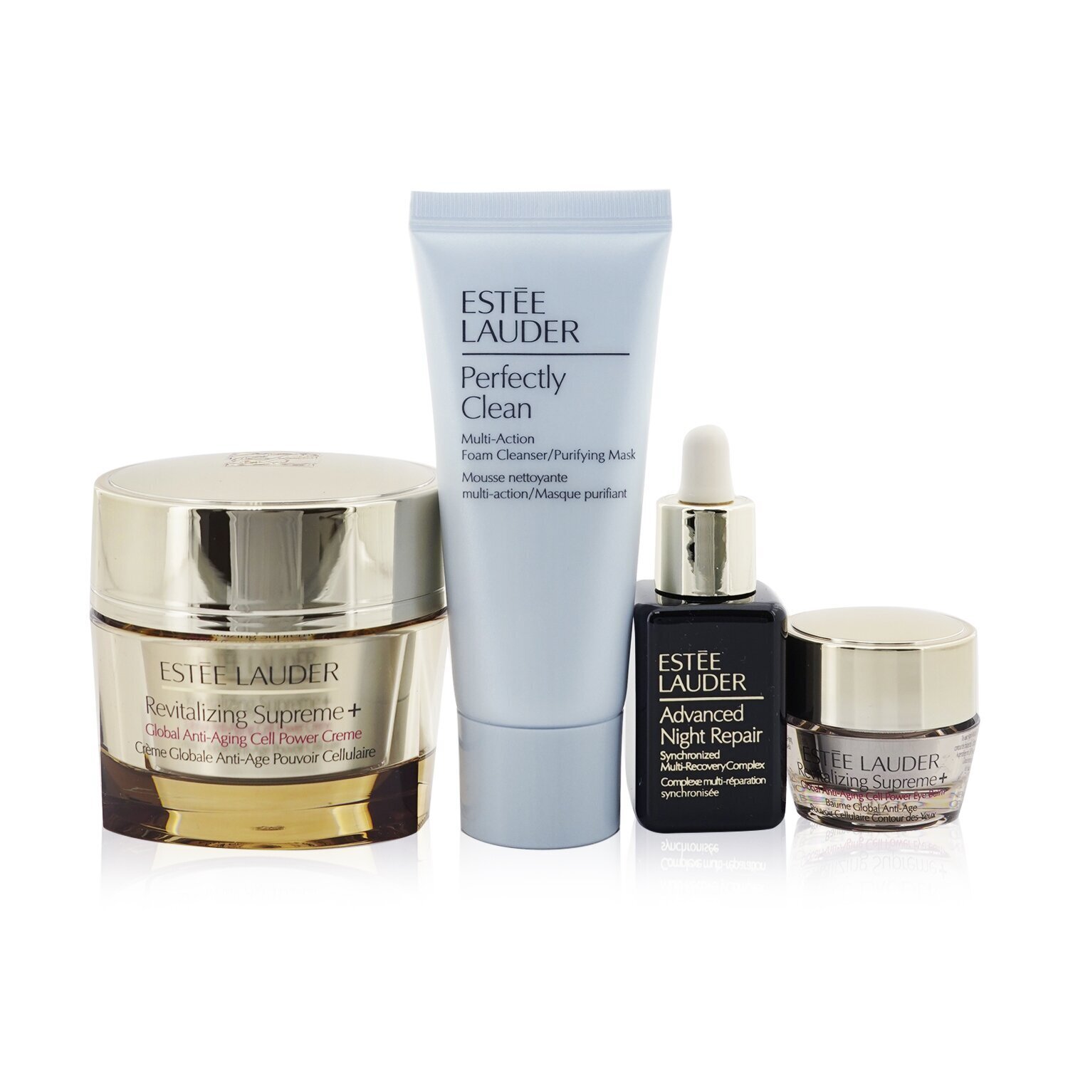 Estee Lauder Möhkəm+Glow Dəriyə Qulluq Ləzzətləri: Canlandırıcı Supreme+Krem 50ml+ Canlandırıcı Supreme+Göz 5ml+ ANR 15ml+ Mükəmməl Təmiz 30ml 4pcs