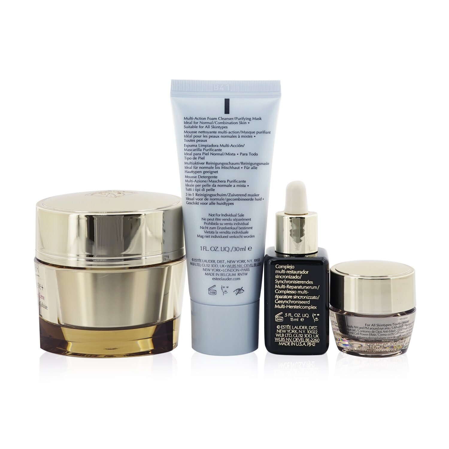 Estee Lauder Möhkəm+Glow Dəriyə Qulluq Ləzzətləri: Canlandırıcı Supreme+Krem 50ml+ Canlandırıcı Supreme+Göz 5ml+ ANR 15ml+ Mükəmməl Təmiz 30ml 4pcs