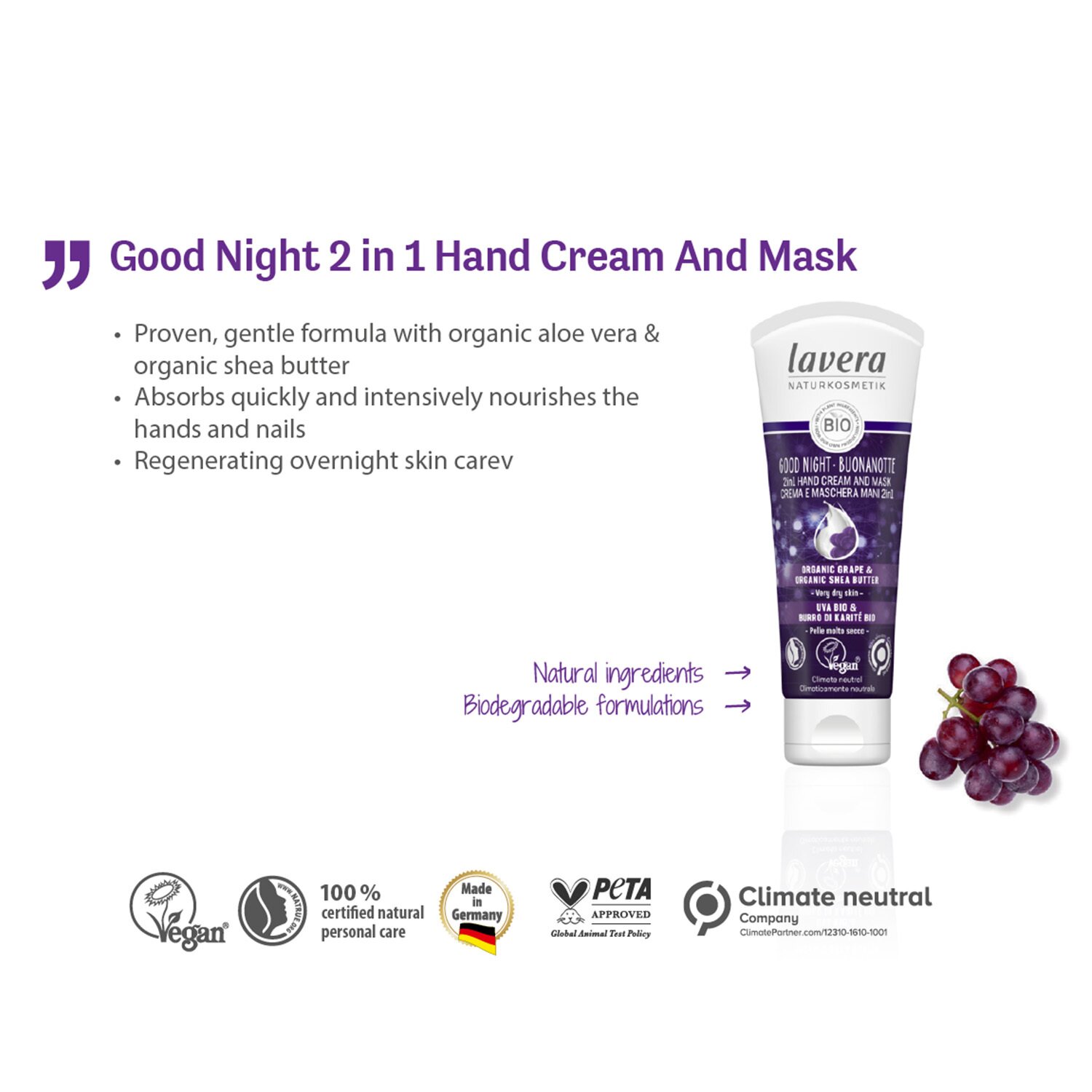 Lavera Good Night 2w1 Krem i Maska do Rąk Wirh Organic Winogrono & Organiczne Masło Shea - Do Skóry Bardzo Suchej 75ml/2.6oz