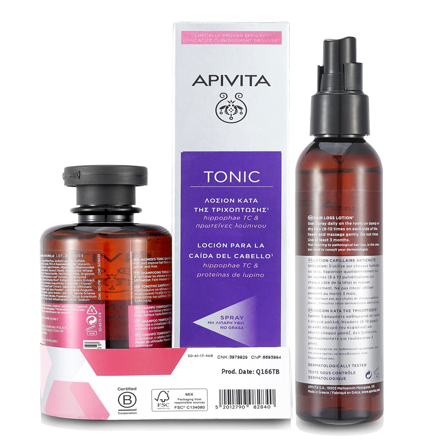 Apivita Hair Loss Lotion with Hippophae TC & Lupine Protein 150ml (Free: Women's Tonic Shampoo with Hippophae TC & Laurel - Helps Improve Hair Thickness 250ml) 2pcs