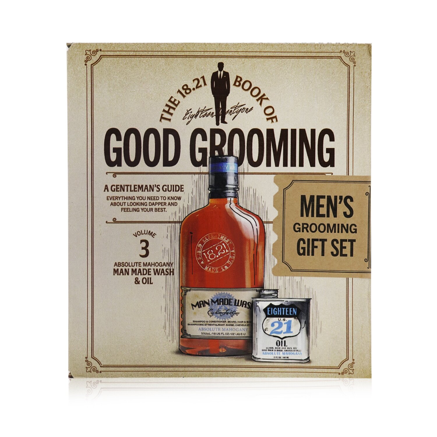 18.21 Man Made Book of Good Grooming Gift Set Volume 3: Absolute Mahogany (Wash 532ml + Oil 60ml ) 2pcs
