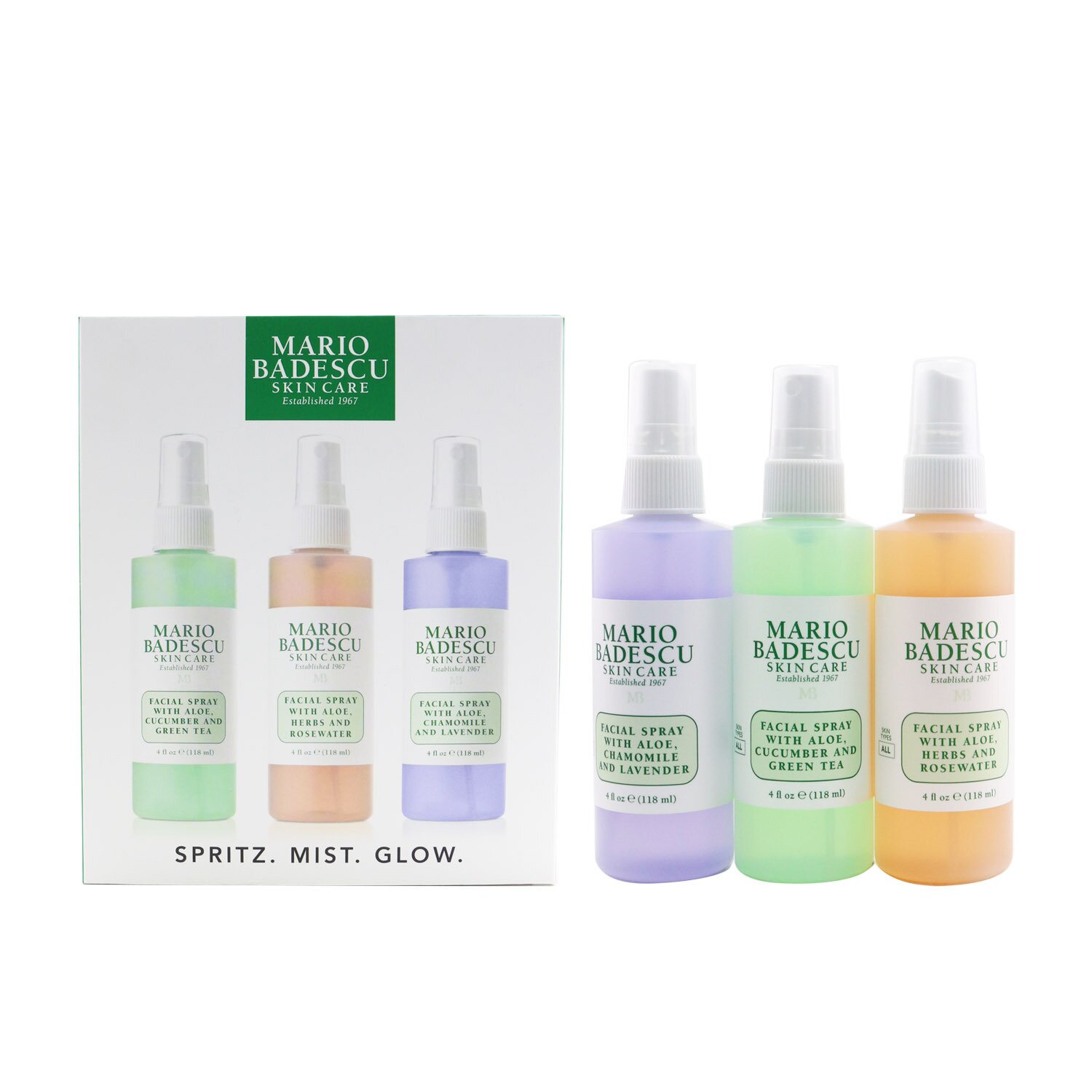 Mario Badescu Spritz. Mist. Glow. Set 3x 118ml/4oz