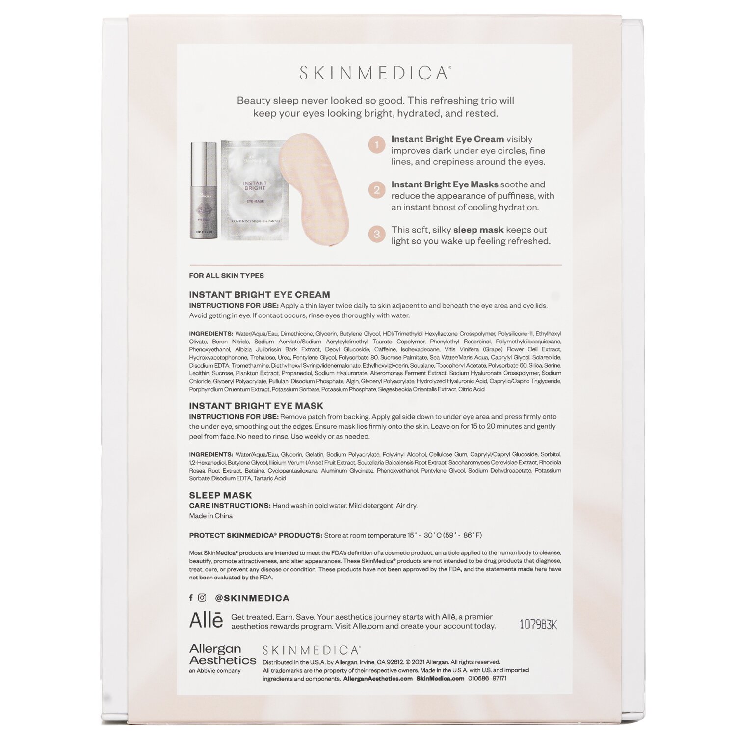 Skin Medica Instant Bright Eye Essentials Set: Instant Bright Eye Cream 14.2g + Instant Bright Eye Masks 6x2.34g + Sleep Mask 1pc 3pc