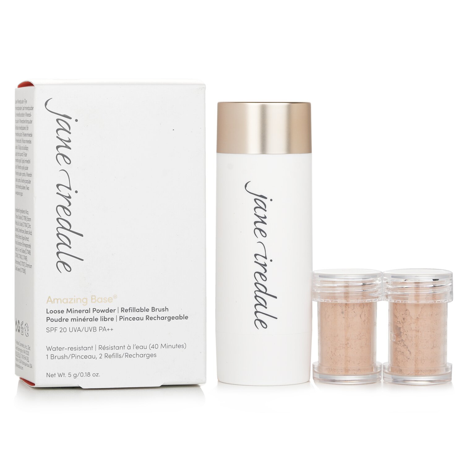 Jane Iredale فرشاة قابلة للتعبئة لبودرة معدنية سائبة Amazing Base SPF 20 (فرشاة عدد 1، عبوة احتياطية عدد 2) 2x2.5g/0.09oz