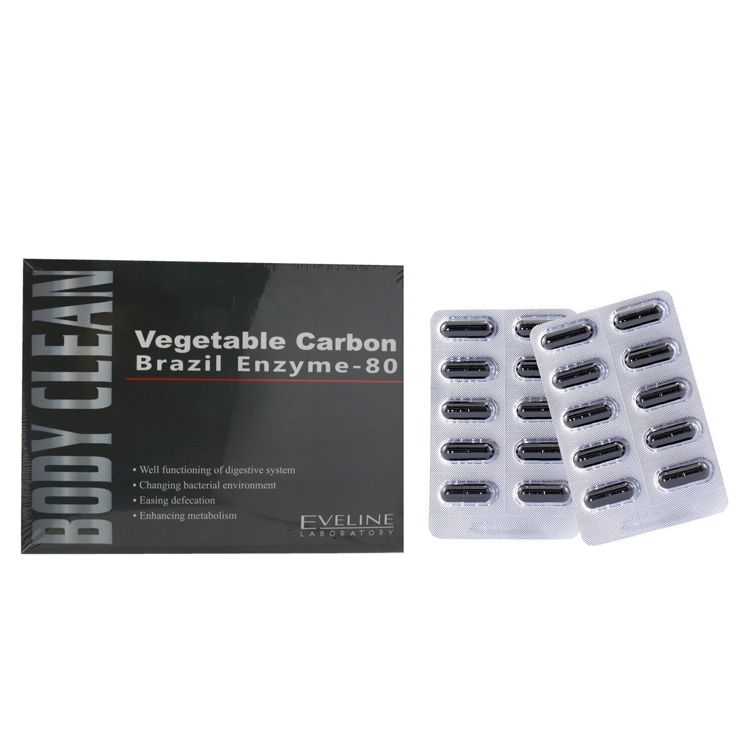 EVELINE LABORATORY BODY CLEAN Capsule - EX Plus (Vegetable Carbon Brazil Enzyme-80) 542mg (Exp. 29/08/2022) 30 Capsules
