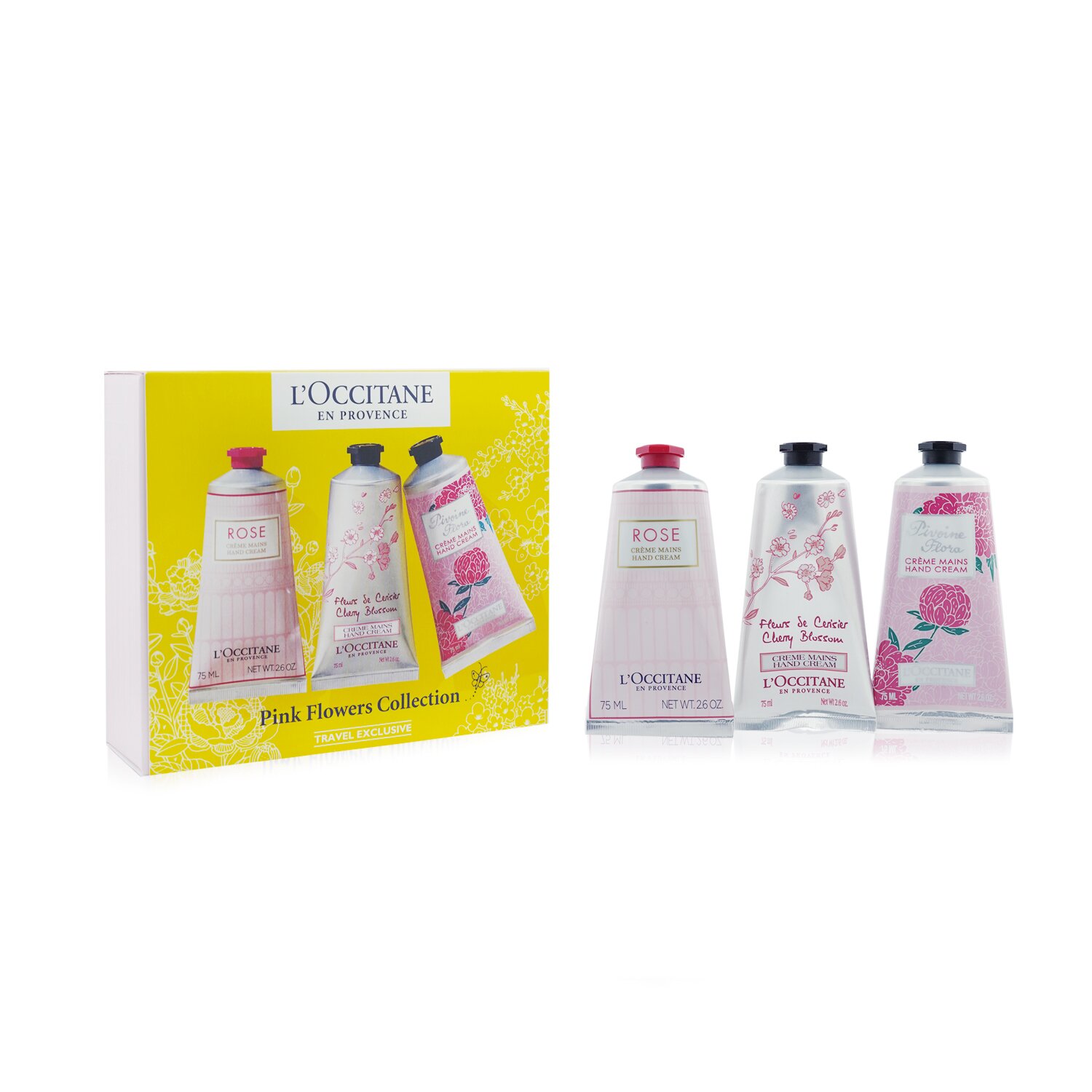 L'Occitane Pink Flowers Hand Cream Collection: Pivoine Flora + Rose + Cherry Blossom 3x75ml/2.6oz