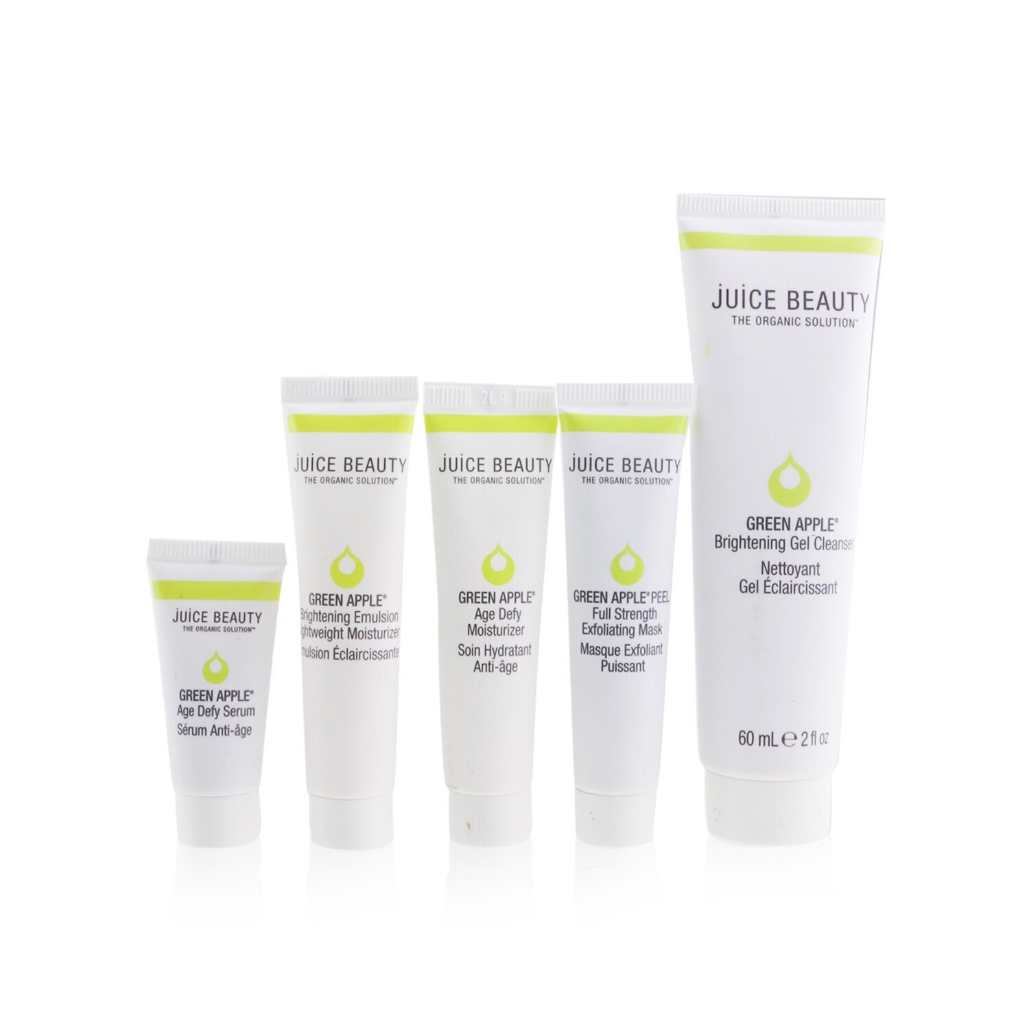 Juice Beauty Brightening Solutions Set: 1x Green Apple Brightening Gel Cleanser - 60ml/2oz + 1x Green Apple Age Defy Serum - 7.8ml/0.26oz + 1x Green Apple Age Defy Moisturizer - 15ml/0.5oz + 1x Green Apple Brightening Emulsion Lightweight Moisturizer - 15ml/0.5oz + 1x Green Apple Peel (Exp. Date 11/2022) 5pcs