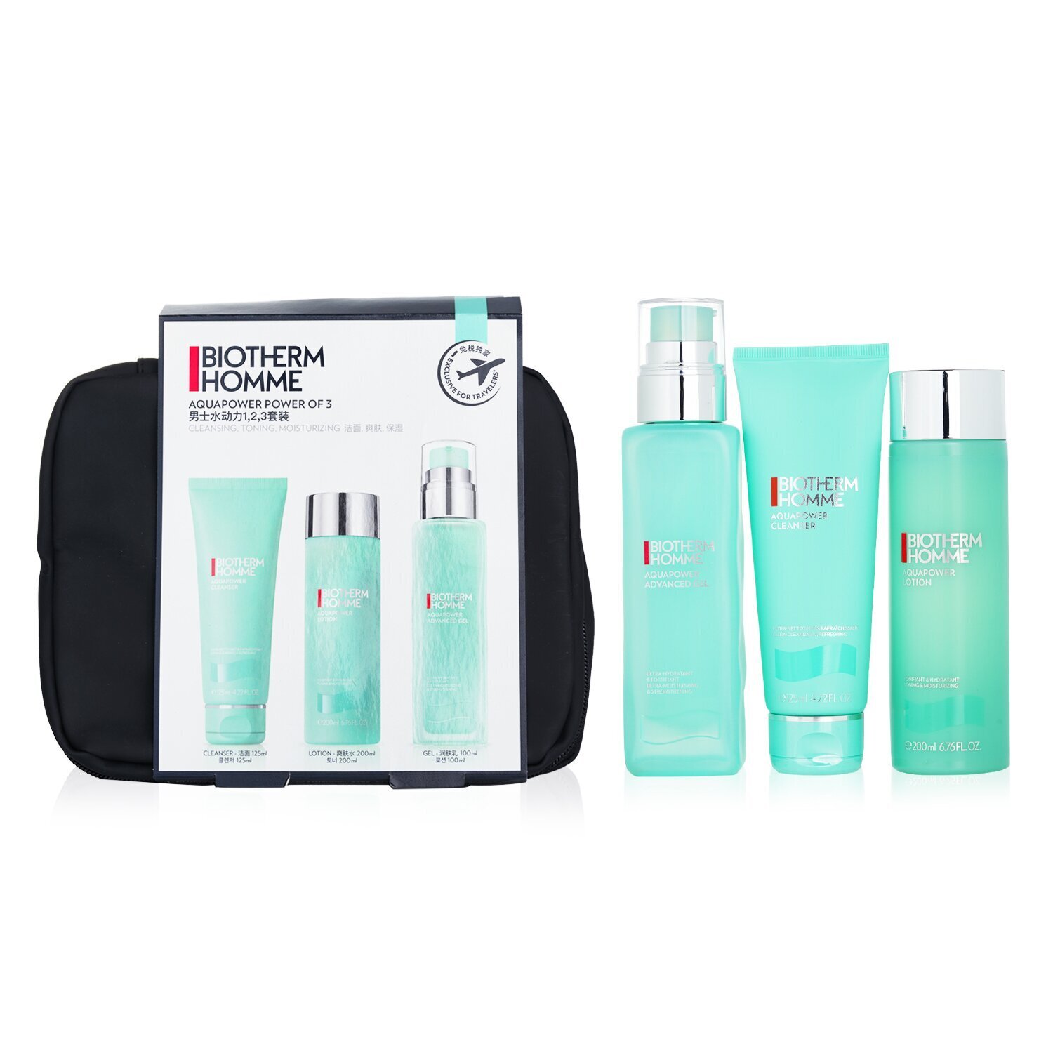 Biotherm Homme Aquapower Power Of 3 Set : Cleanser + Toning Lotion 200ml + Advanced Gel 100ml 3pcs+1bag