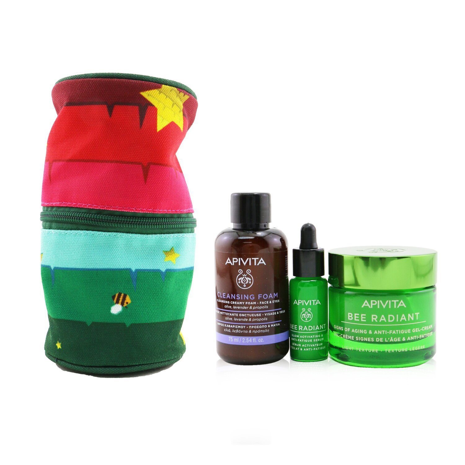 Apivita Fresh & Glow (Bee Radiant- Light Texture) Gift Set: Gel Cream 50ml+ Serum 10ml+ Cleansing Creamy Foam 75ml+ Pouch 3pcs+1pouch