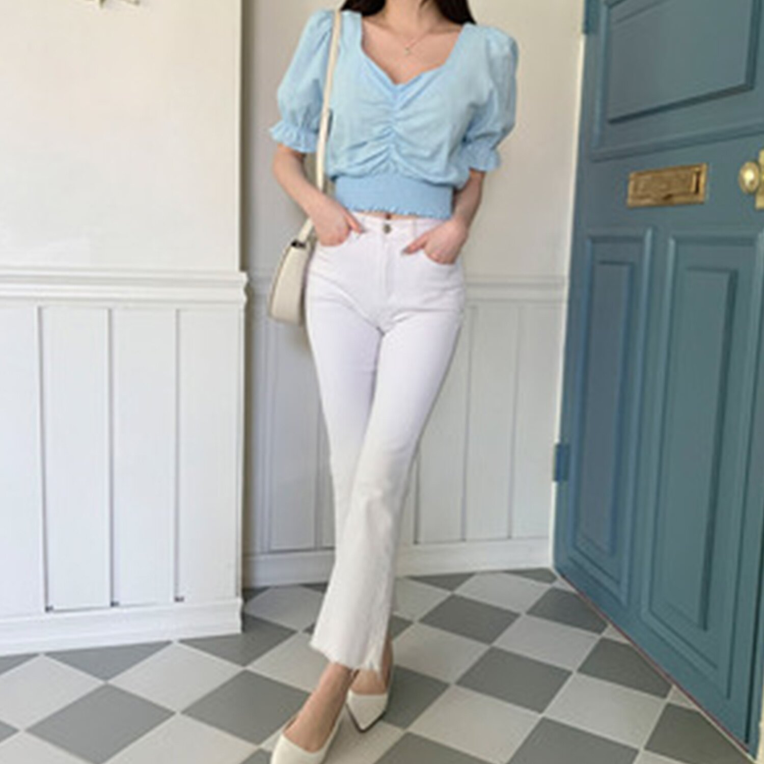 Trendywhere Shirring Puff Sleeve Crop Top Free (XS-M)