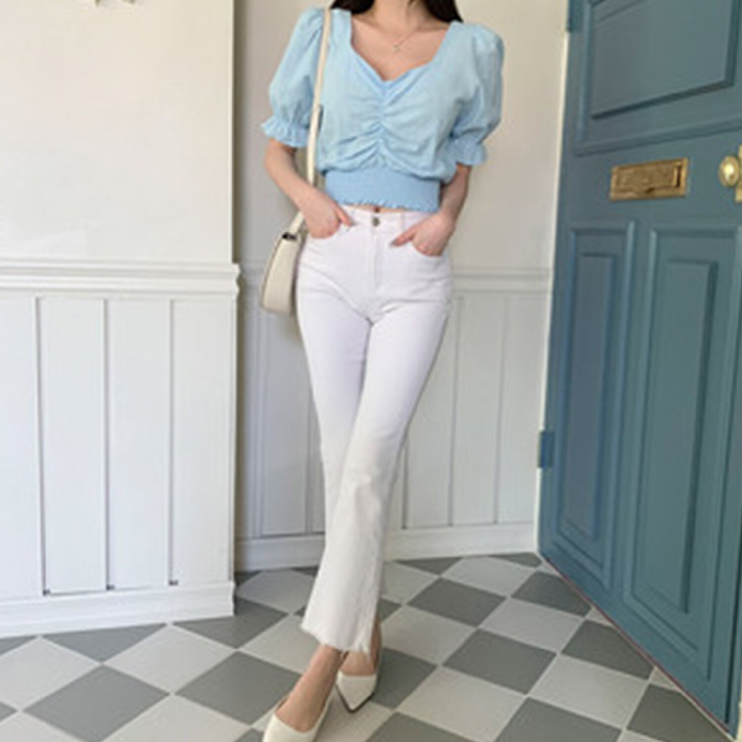 Trendywhere Shirring Puff Sleeve Crop Top Free (XS-M)