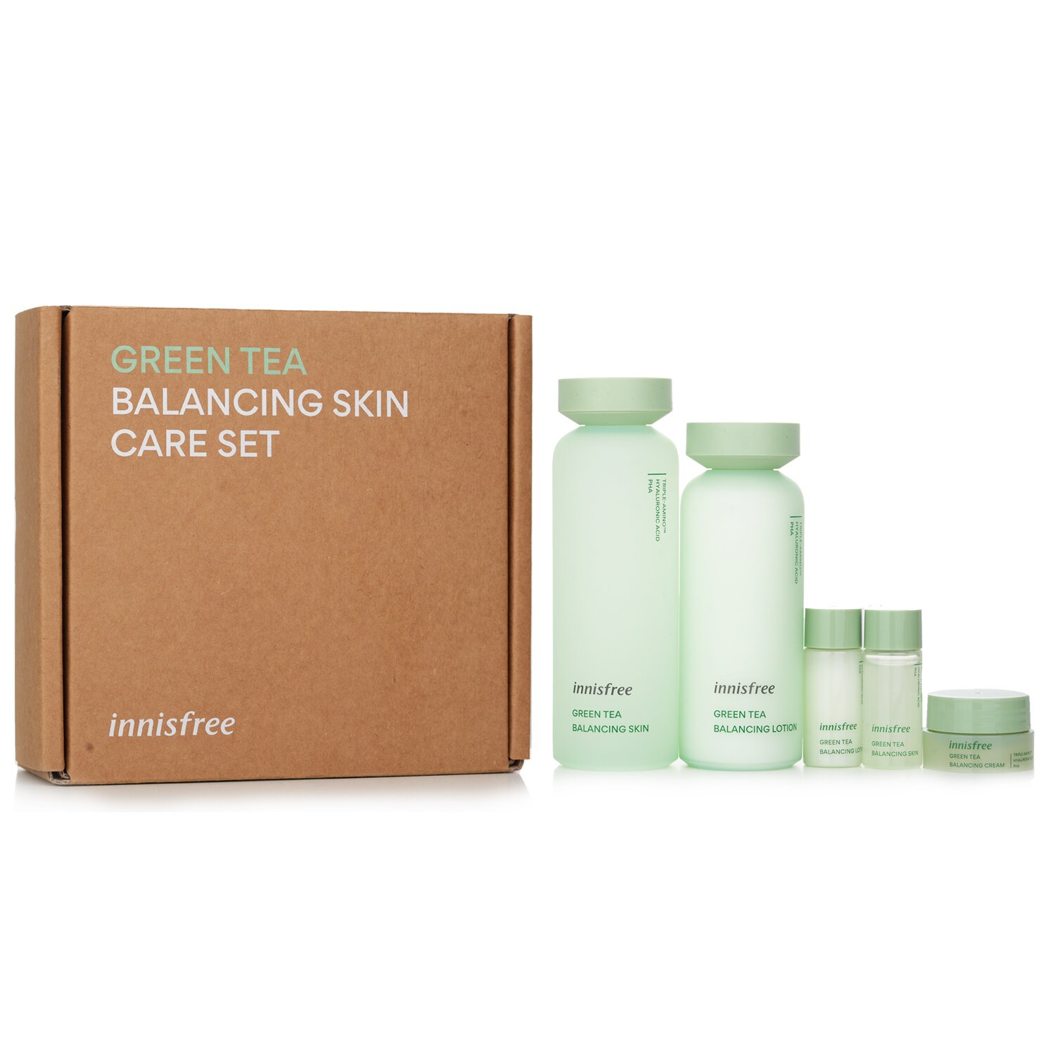Innisfree Green Tea Balancing Skin Care Set (Toner 200ml + Lotion 160ml + Cream 10ml + Toner 15ml + Lotion 15ml) 5pcs