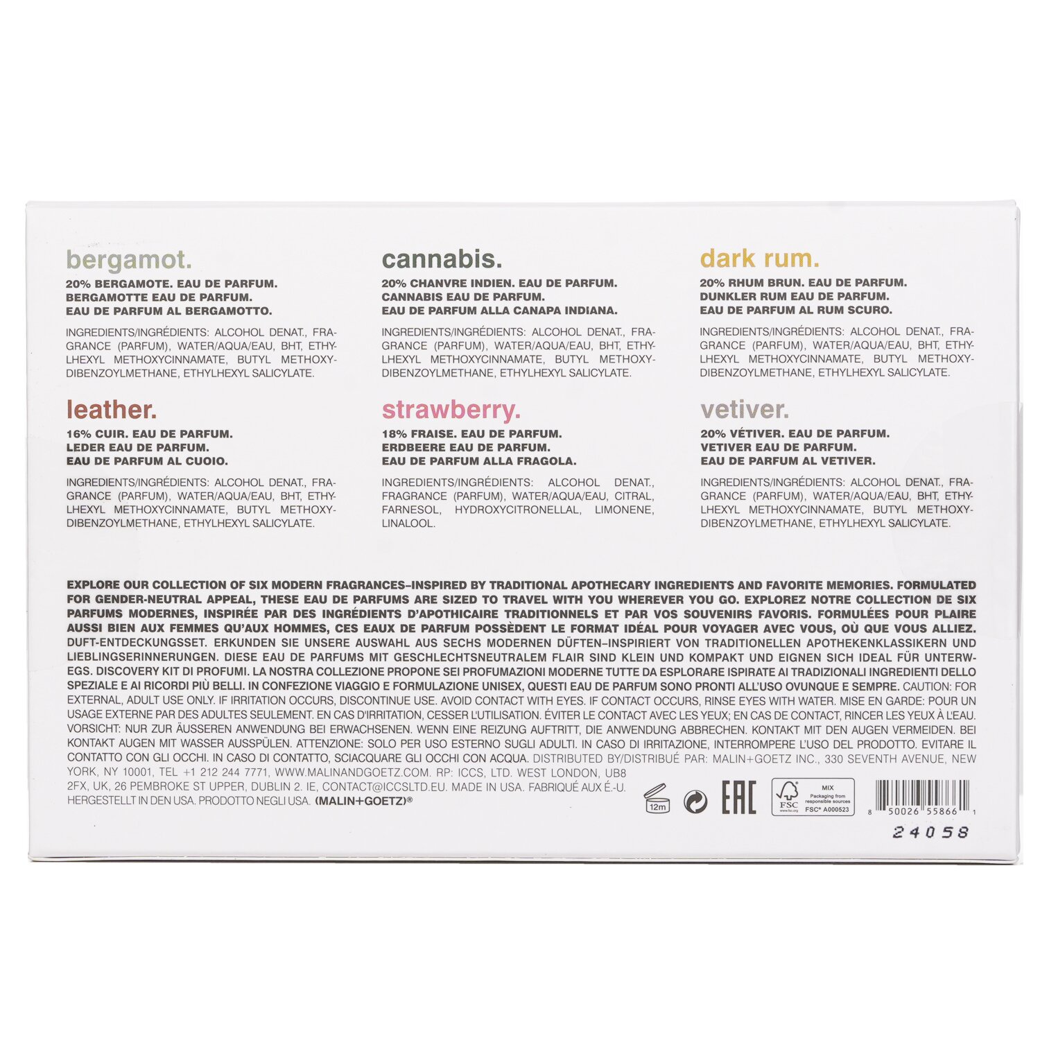 MALIN+GOETZ Fragrance Discovery Kit: Bergamot EDP 2ml+Cannabis EDP 2ml+Dark Rum EDP 2ml+Leather EDP 2ml+Strawberry EDP+Vetiver EDP 2ml 6pcs