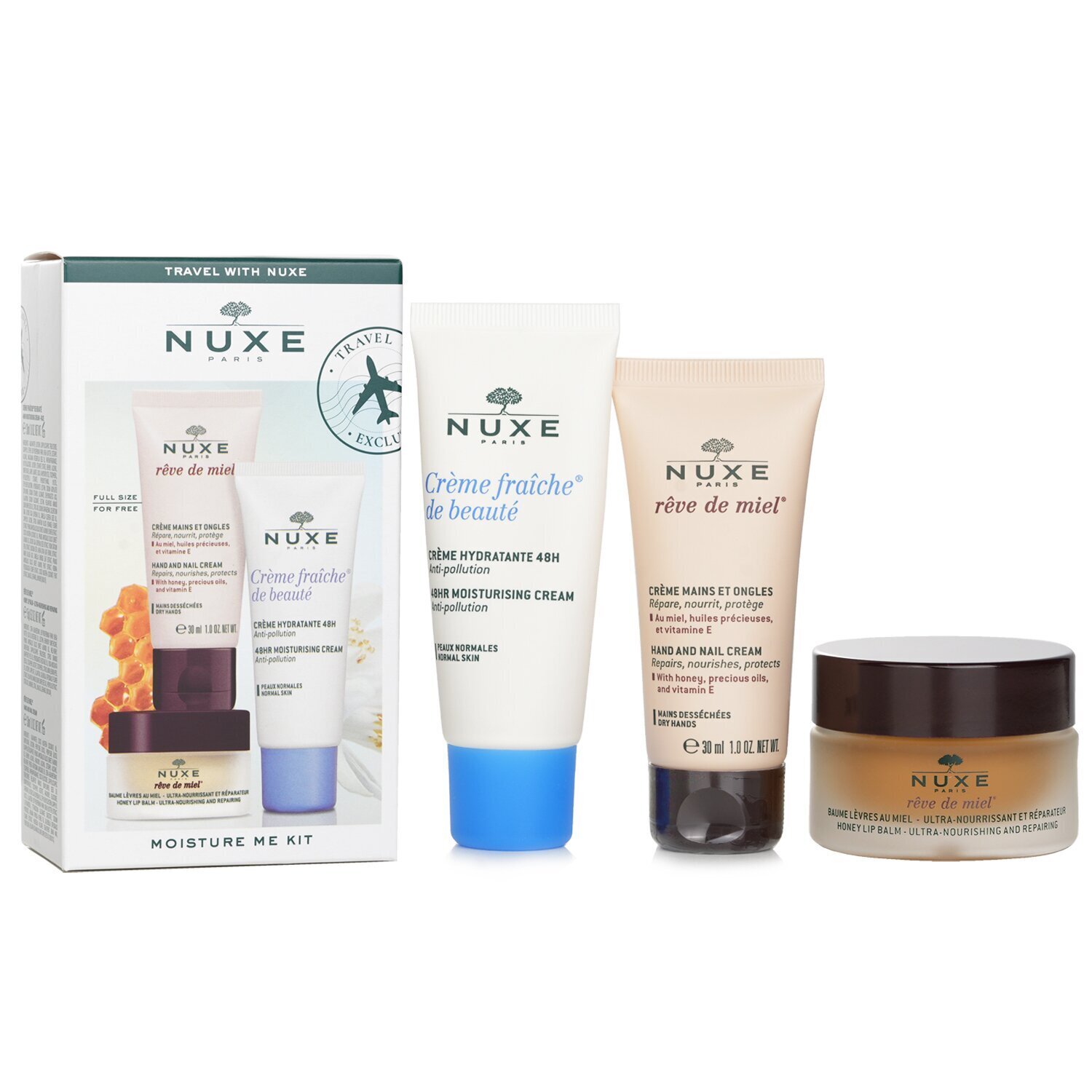 Nuxe Moisture Me Набор: Creme Fraiche De Beaute 48Hr Увлажняющий Крем 30мл + Reve De Miel Honey Бальзам для Губ 15г + Reve De Miel Крем для Рук и Ногтей 30мл 3pcs