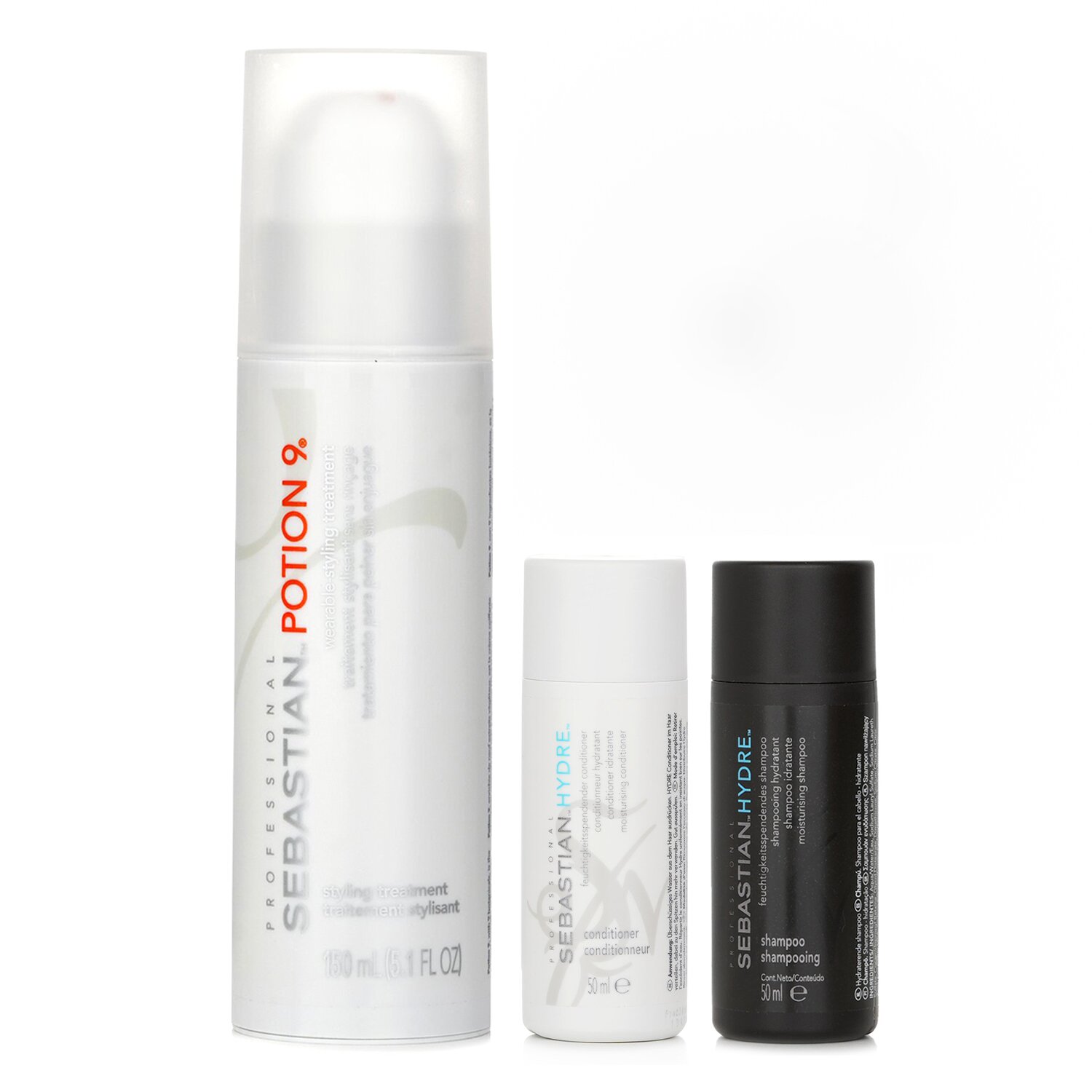 Sebastian Hair Care Set: Potion 9 Wearable Styling Treatment 150ml x1 +Hydre Moisturizing-Shampoo 50mlx1 + Professional Hydre Moisturising Conditioner 50mlx1 3pcs