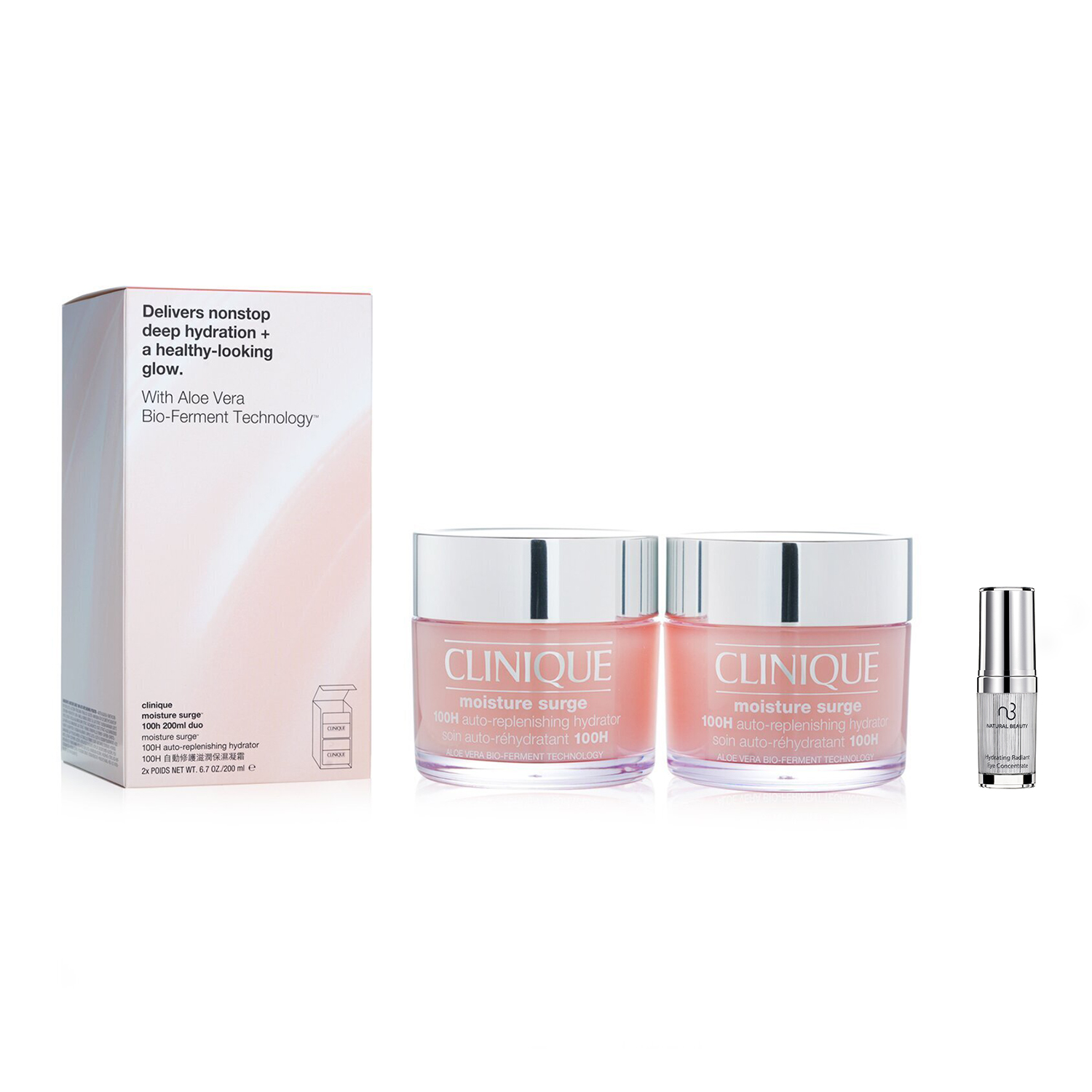 Clinique Clinique Moisture Surge 100H Auto-Replenishing Hydrator (Jumbo Size) Duo Pack 2x200ml X Natural Beauty Hydrating Radiant Eye Concentrate (Exp Date: 02/2026) 15ml 2pcs
